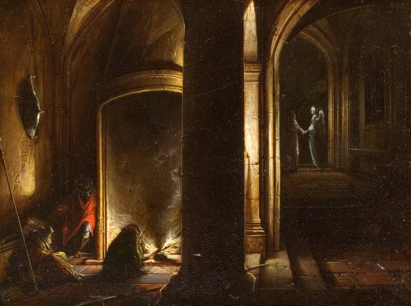 L'image montre une scène sombre et mystérieuse, probablement située dans un intérieur ancien. À gauche, on aperçoit des figures humaines, dont l'une est accroupie près d'un faible feu de camp, tandis qu'une autre se tient en arrière-plan, peut-être en train d'observer ou d'interagir avec une autre personne. À droite, une silhouette féminine, vêtue d'une robe, semble s'approcher d'une autre figure. Les murs sont ornés d'arches, et l'éclairage et les ombres créent une atmosphère à la fois dramatique et intrigante. La combinaison de la lumière et des ombres suggère un récit caché ou un moment important.