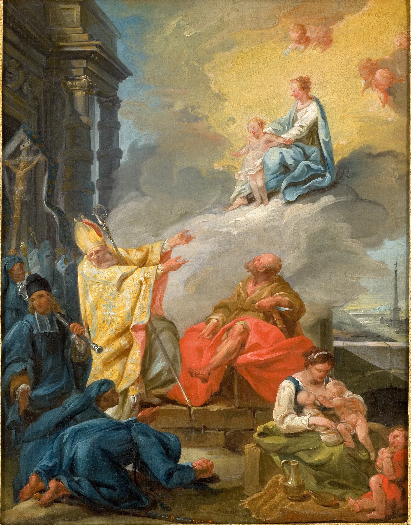 L'image représente une scène religieuse riche en détails et en couleurs. Au centre, une figure féminine, probablement la Vierge Marie, tient un enfant, suggérant une représentation de l'Enfant Jésus. Ils sont entourés de nuages et de figures angéliques, créant une atmosphère céleste. En bas de l'image, plusieurs personnages sont regroupés, certains assis, d'autres à genoux. L'un d'eux, vêtu de manière somptueuse, semble prier ou adresser un geste vers la Vierge et l'Enfant. Les vêtements des personnages, avec leurs couleurs vives et leur drapés, ajoutent à la richesse de la composition. L'arrière-plan montre des architectures, comme des colonnes, renforçant le cadre sacré de la scène. Globalement, l'œuvre dégage une grande sérénité et une profondeur spirituelle.