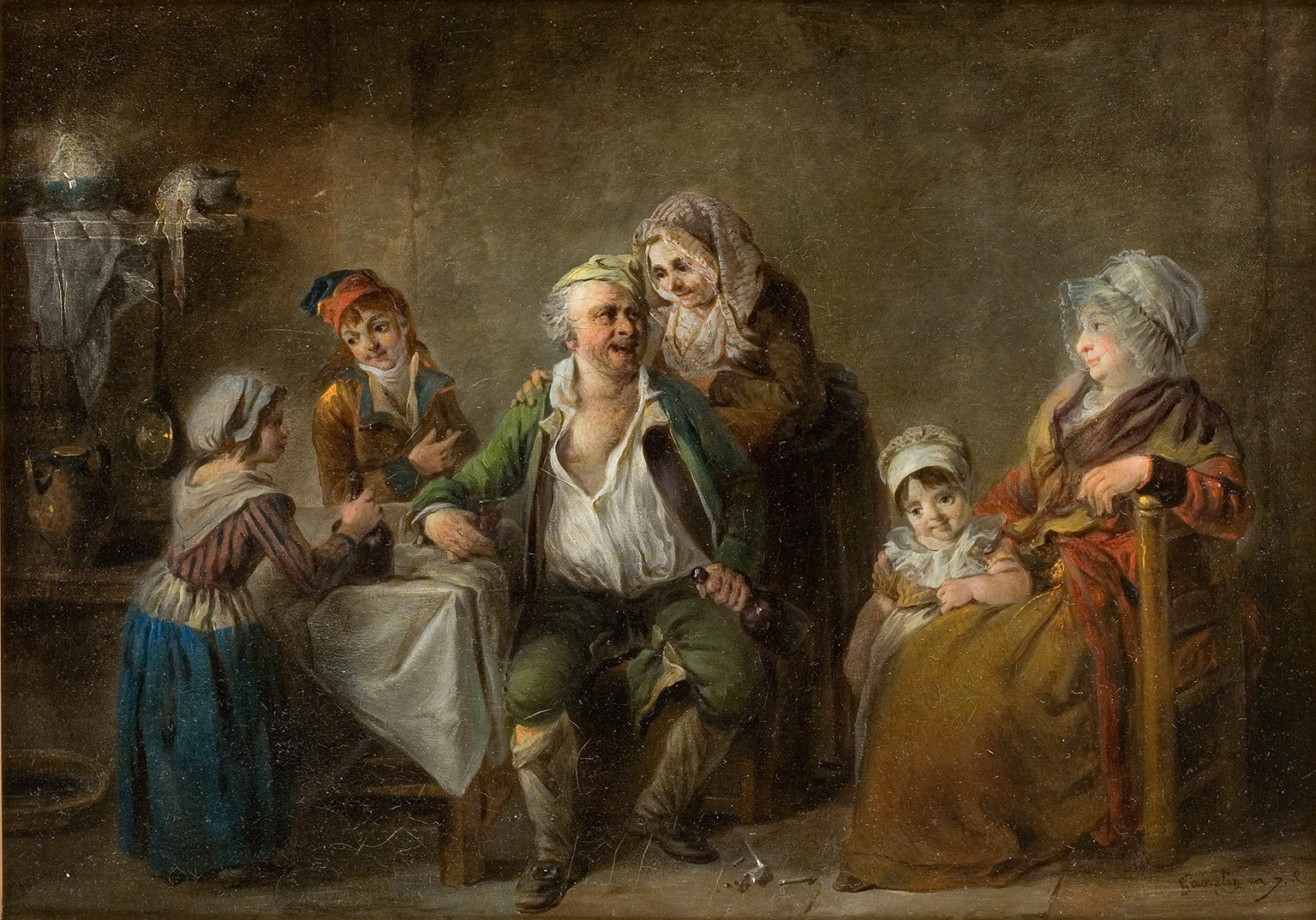 Cette image représente une scène de groupe dans un intérieur rustique. On y voit un homme assis au centre, entouré de plusieurs femmes. L'homme, visiblement jovial, semble interagir avec les femmes, qui portent des vêtements traditionnels. Les expressions sur leurs visages suggèrent une atmosphère de camaraderie et de convivialité. L'éclairage est doux, mettant en valeur les détails des personnages et de l'environnement, qui comprend divers objets ménagers typiques de l'époque. L'ensemble dégage une ambiance chaleureuse et intime.