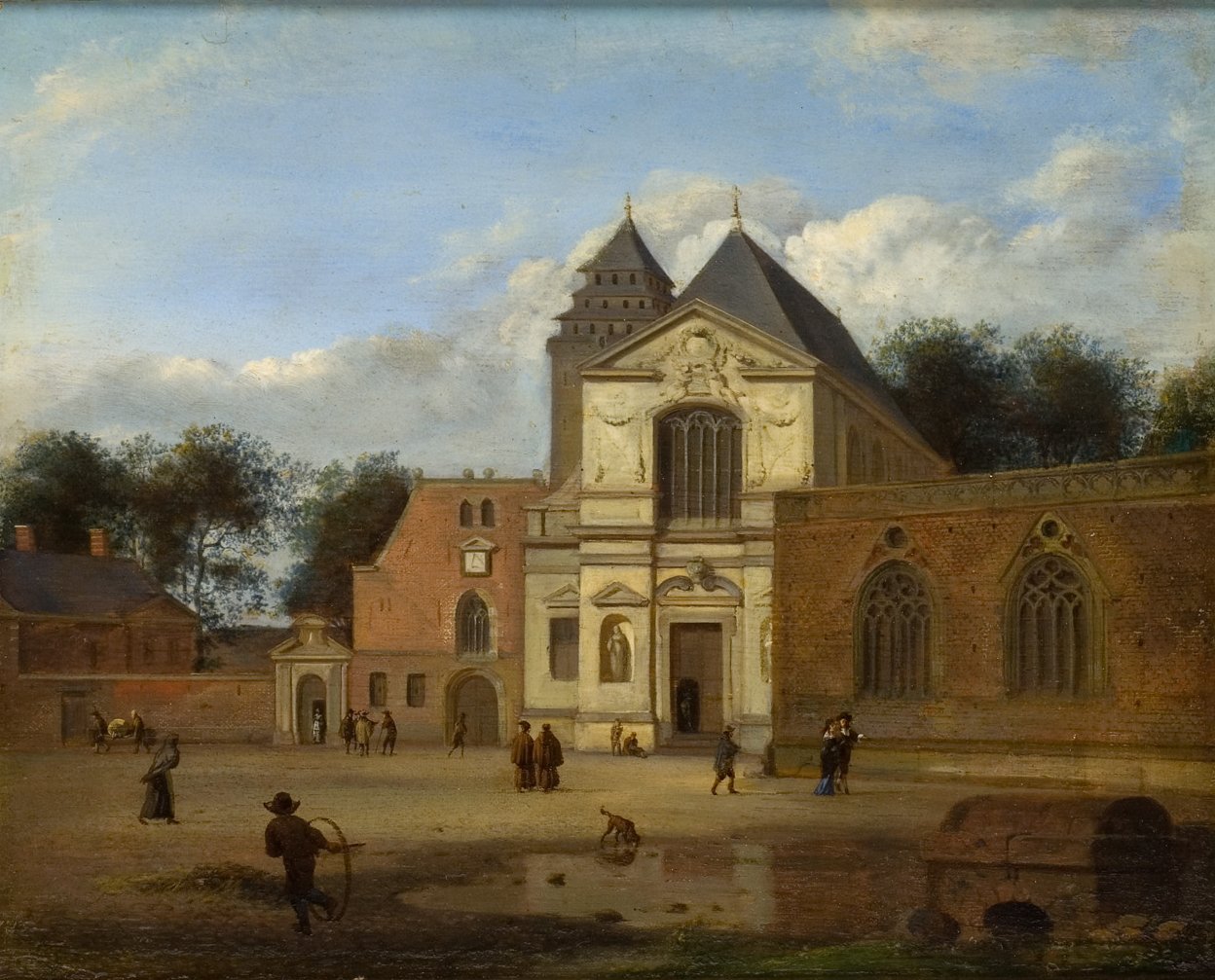 L'image représente une scène architecturale d'une place avec un bâtiment imposant, probablement une église ou un monastère, au centre. Le bâtiment présente une façade ornée et des fenêtres majestueuses. Autour, on aperçoit plusieurs personnes occupées à diverses activités, ainsi que quelques arbres qui ajoutent de la verdure à l'ensemble. Le ciel est partiellement nuageux, illuminant la scène de lumière naturelle. L'ambiance semble paisible et reflète une période historique.