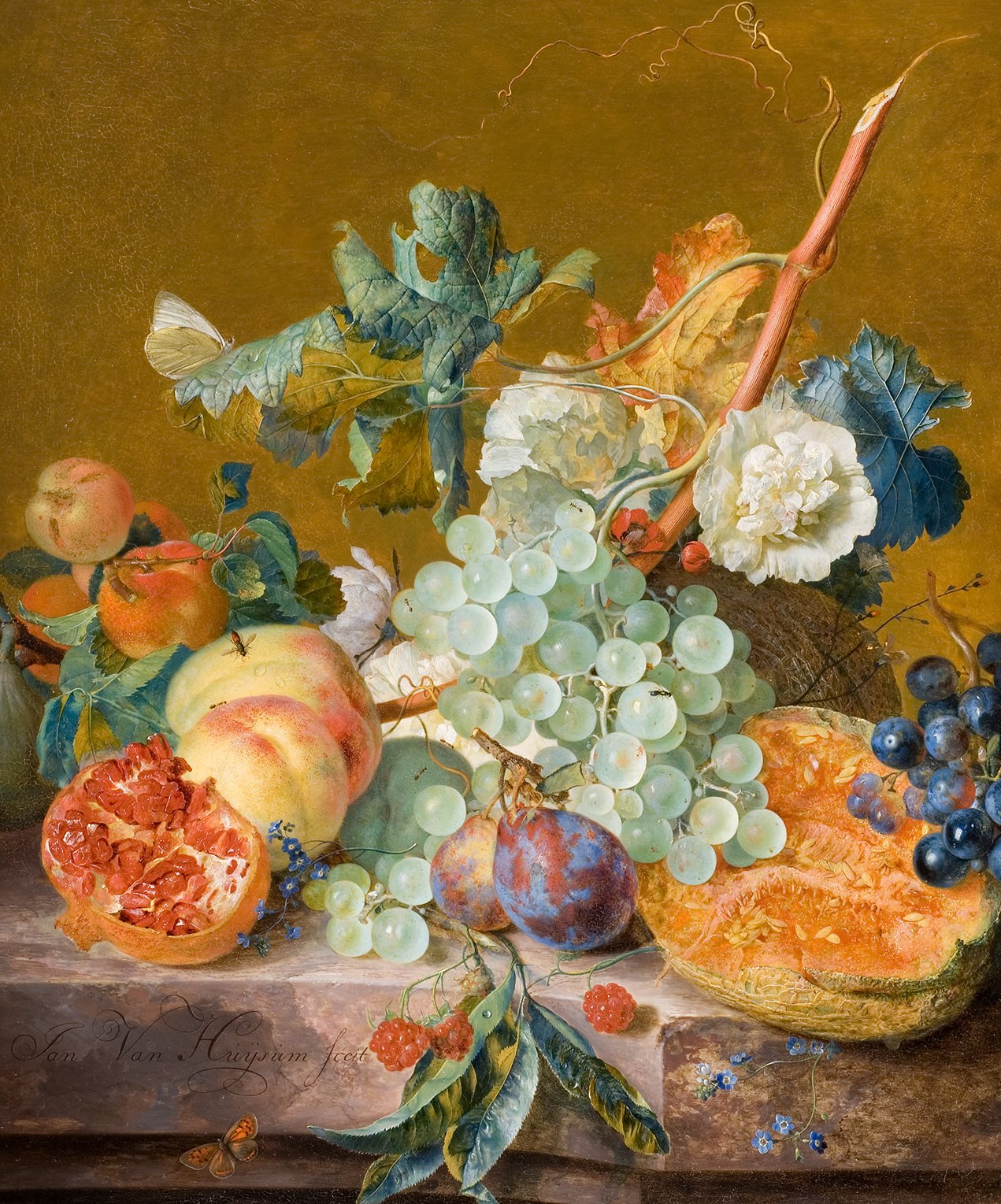 L'image représente une composition de nature morte riche en fruits. On y voit des raisins verts, des pêches, une grenade ouverte, des melons et des baies, le tout disposé sur une surface en bois. Le fond est de couleur dorée, ajoutant une chaleur à l'ensemble. Des feuilles de vigne et un papillon sont également présents, contribuant à l'harmonie et à la beauté de cette œuvre. L'artiste met en valeur la diversité et les textures des fruits, créant une scène à la fois luxuriante et apaisante.