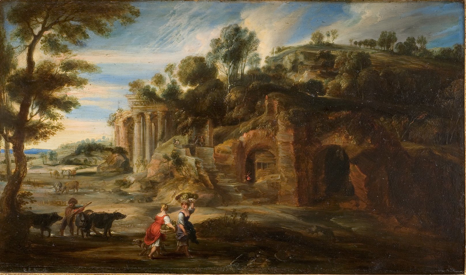 L'image représente un paysage rural classique avec des éléments architecturaux anciens, tels que des colonnes et des ruines. On peut voir des personnages en mouvement, semblant interagir avec la nature et les animaux. Des vaches paissent paisiblement, ajoutant une touche pastorale à la scène. À l'arrière-plan, la luminosité du ciel et la disposition des collines créent une atmosphère sereine, renforçant l'idée d'une vie simple et harmonieuse dans un cadre enchanteur.
