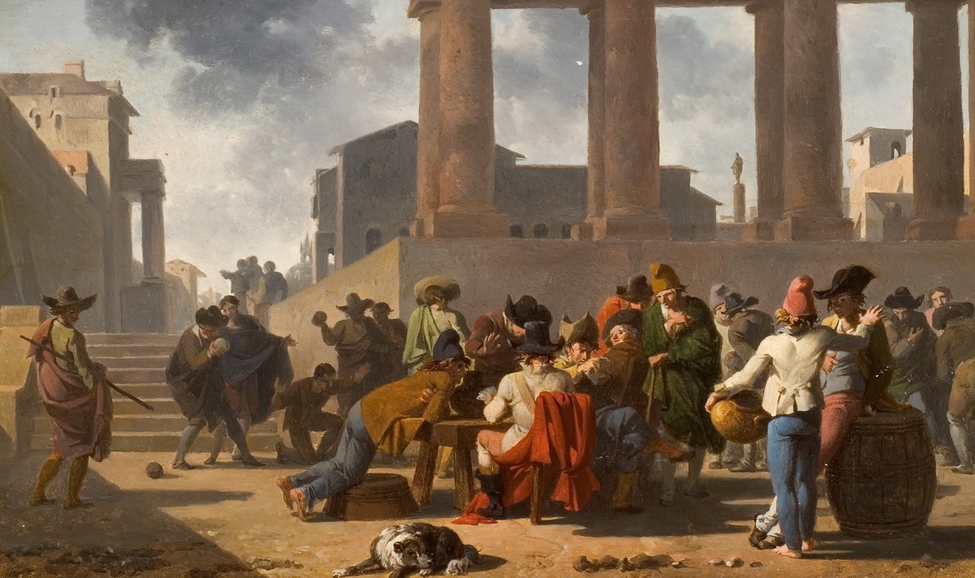 L'image représente une scène animée dans une place publique, probablement une ville historique. Plusieurs personnages sont regroupés autour d'une table, certains semblent engagés dans un jeu ou une discussion. On peut apercevoir des groupes de personnes qui interagissent, tandis que d'autres se déplacent ou se reposent. Les vêtements des personnages suggèrent une époque passée, avec des chapeaux variés et des costumes colorés. À l'arrière-plan, on peut voir des colonnes majestueuses et des bâtiments, contribuant à l'atmosphère historique de la scène. Un chien se trouve également sur le sol, ajoutant une touche de vie quotidienne à cette illustration.