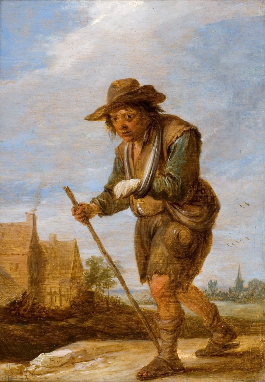 L'image représente un homme marchant sur un chemin, portant des vêtements simples et usés. Il tient un bâton à la main et semble avancer avec précaution. Son visage exprime une certaine fatigue ou préoccupation. En arrière-plan, on peut apercevoir des maisons et un ciel partiellement nuageux. La scène dégage une atmosphère de rusticité et de simplicité, typique des œuvres d'art hollandaises de cette époque.