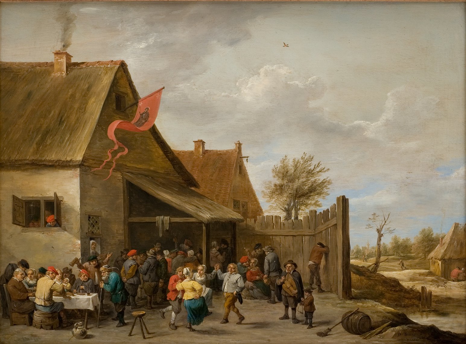 L'image représente une scène animée dans un milieu rural. On y voit un groupe de personnes rassemblées autour d'une maison à toit de chaume. Certains sont assis à une table, dégustant des boissons, tandis que d'autres interagissent joyeusement. Des personnages sont également visibles à l'intérieur de la maison par les fenêtres. À l'extérieur, il y a un drapeau rouge flottant, et la paysage environnant comporte des arbres et des champs. L'atmosphère semble festive et conviviale, illustrant la vie quotidienne d'une communauté.