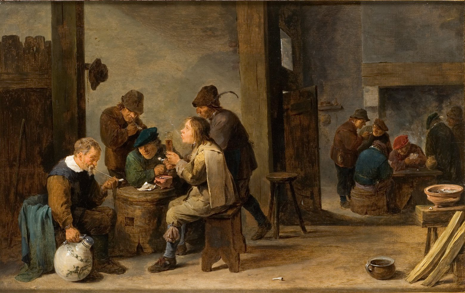 L'image représente une scène d'intérieur animée, typique de la peinture du XVIIe siècle. On y voit plusieurs personnages rassemblés autour d'une table, dont certains sont en train de manger ou de boire. L'ambiance est conviviale et informelle, avec des hommes et des femmes vêtus de costumes d'époque. À l'arrière-plan, d'autres personnes semblent engagées dans une discussion ou une activité. La lumière douce éclaire la pièce, accentuant les détails des visages et des vêtements. Les textures des matériaux, comme le bois et la céramique, ajoutent à la richesse de la composition.