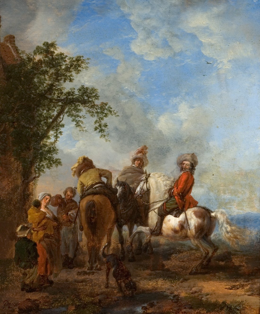 L'image représente une scène de groupe en plein air, où plusieurs personnages sont en train d'interagir. On y voit deux cavaliers à cheval, dont l'un est habillé en rouge et semble converser avec un groupe de personnes au sol. Ces derniers incluent des hommes et des femmes, avec des vêtements colorés, qui semblent attentifs à la discussion. L'arrière-plan est un paysage paisible, avec des nuages dans le ciel et une végétation légèrement ombragée. L'ambiance générale évoque un moment de convivialité et d'échange rural.