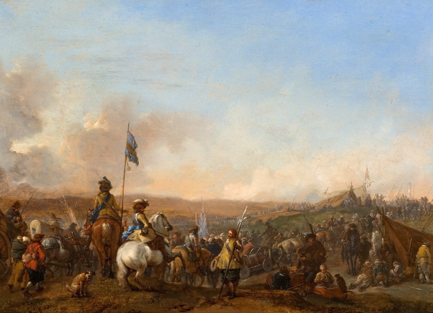L'image représente une scène de bataille historique, avec des militaires à cheval et à pied. On peut apercevoir des soldats brandissant des drapeaux et des armes, ainsi que des campements en arrière-plan. Le paysage est vaste, avec des nuages dans le ciel et une lumière douce qui éclaire la scène. Des personnages sont engagés dans diverses activités, et l'ensemble évoque un moment de préparation ou de mouvement au sein d'un contexte militaire.