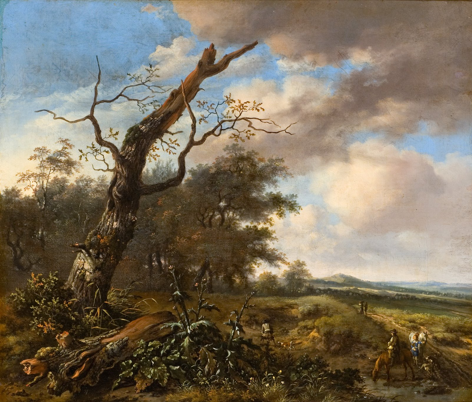 Cette image représente un paysage naturel avec un arbre majestueux et dénudé au premier plan, entouré de verdure. On aperçoit des personnages, probablement des paysans, travaillant dans le champ ou se déplaçant à cheval. Le ciel est dominé par des nuages volumineux, tandis qu'un éclairage doux met en valeur les détails du paysage. La scène dégage une atmosphère paisible et bucolique, typique des paysages de l'époque baroque.