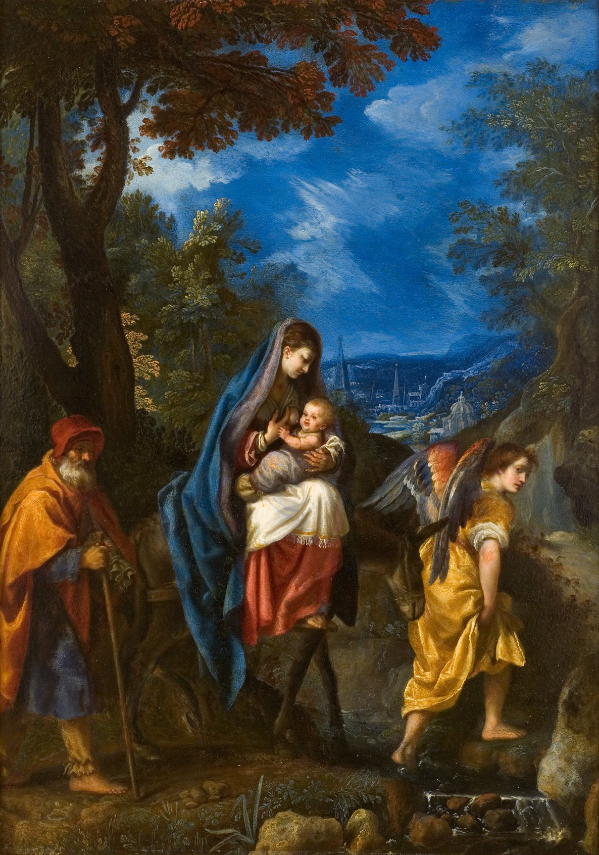 L'image représente une scène de la Sainte Famille en voyage. On peut y voir une femme portant un enfant, probablement la Vierge Marie avec l'Enfant Jésus, accompagnée d'un homme âgé, qui semble être Joseph. À leurs côtés, un ange, avec des ailes, marche en guidant le chemin. La composition est embellie par un paysage lumineux en arrière-plan, avec des montagnes, des arbres colorés et un ciel vibrant. Les figures sont vêtues de drapés aux couleurs riches, ajoutant une dimension émotionnelle à la scène.
