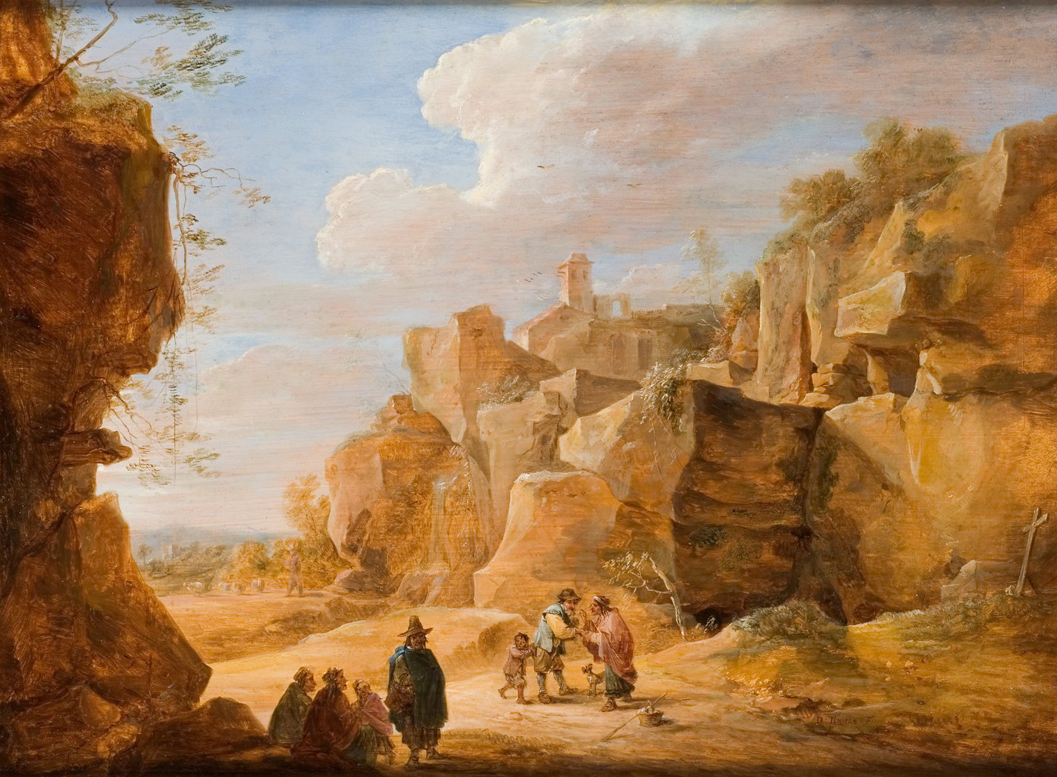 L'image montre un paysage pittoresque avec des formations rocheuses imposantes. Au premier plan, plusieurs personnages sont regroupés, certains semblant discuter ou observer une scène. En arrière-plan, on aperçoit une architecture ancienne, probablement des bâtiments rustiques ou des ruines, entourée de nature. Le ciel est clair, parsemé de nuages légers, et la lumière semble douce, créant une ambiance paisible et harmonieuse. Les couleurs sont chaudes, ajoutant à l'atmosphère accueillante de la scène.