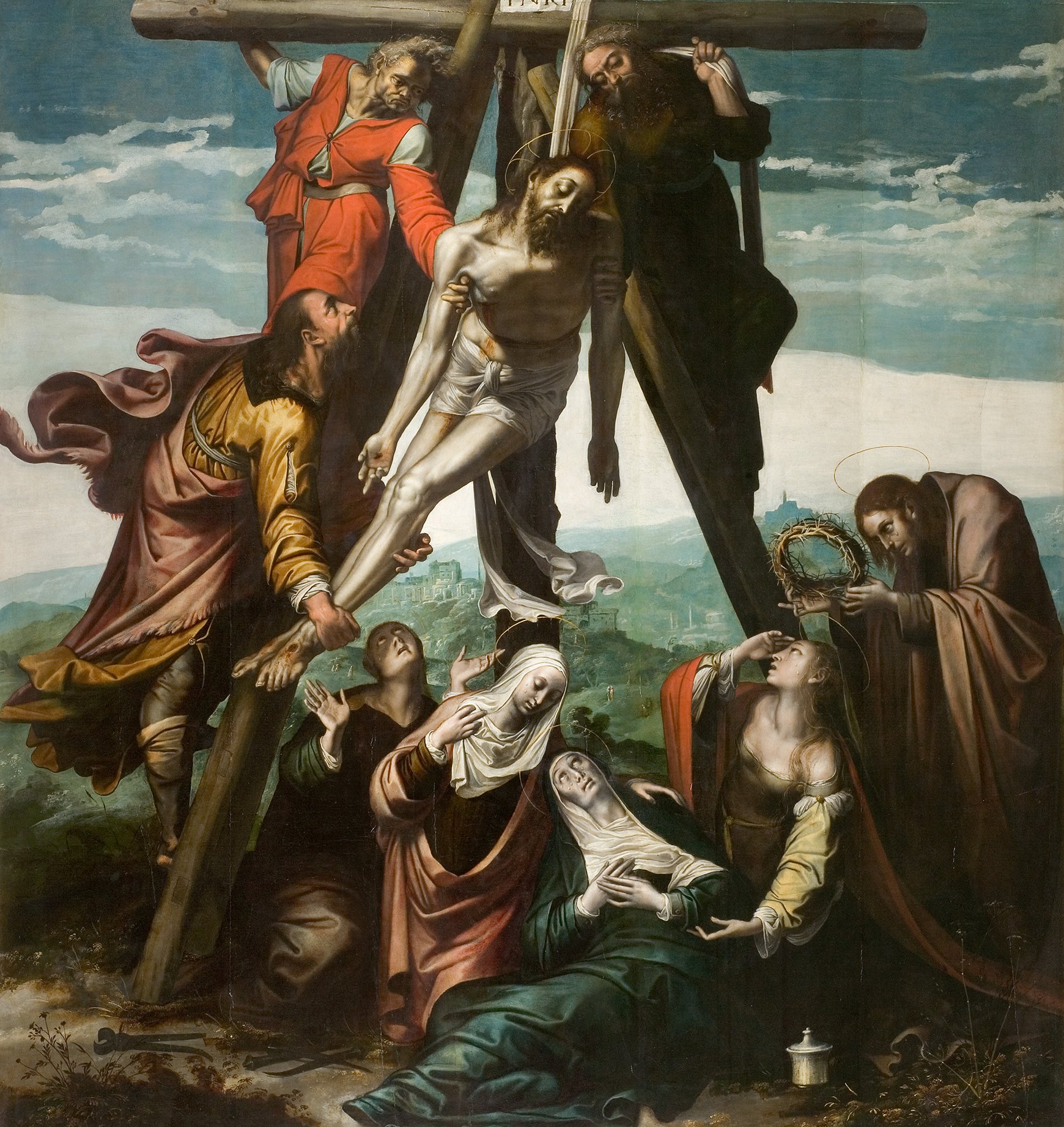 L'image représente la crucifixion de Jésus-Christ. On y voit Jésus fixé sur la croix, entouré de plusieurs personnages. À gauche, des figures masculines semblent tenter de le soutenir, tandis qu'à droite, on aperçoit des femmes exprimant leur douleur. La composition transmet une forte émotion, avec des visages de tristesse et de désespoir. À l'arrière-plan, un paysage est visible, ce qui ajoute à la profondeur de la scène. L'ensemble dégage une atmosphère dramatique et poignante, évoquant un moment central de la passion chrétienne.