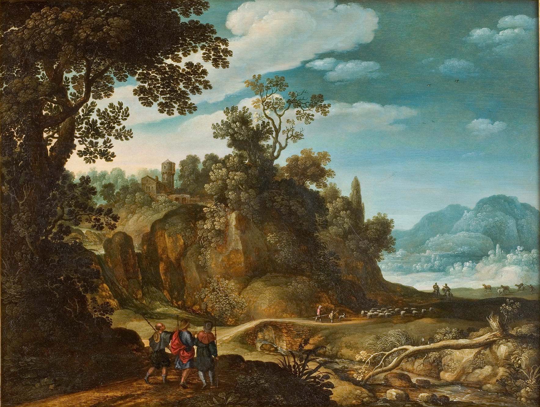 L'image représente un paysage naturel avec une composition riche. On peut y voir un groupe de personnages marchant sur un chemin sinueux, entouré d'une verdure luxuriante et de grandes arbres. À l'arrière-plan, on aperçoit des collines et des montagnes sous un ciel bleu parsemé de nuages blancs. À proximité, il y a une structure architecturale, probablement un bâtiment ou une ruine, qui s'intègre au paysage. Des animaux, comme des moutons, sont visibles dans l'une des zones du tableau. L'ensemble dégage une atmosphère paisible et bucolique.