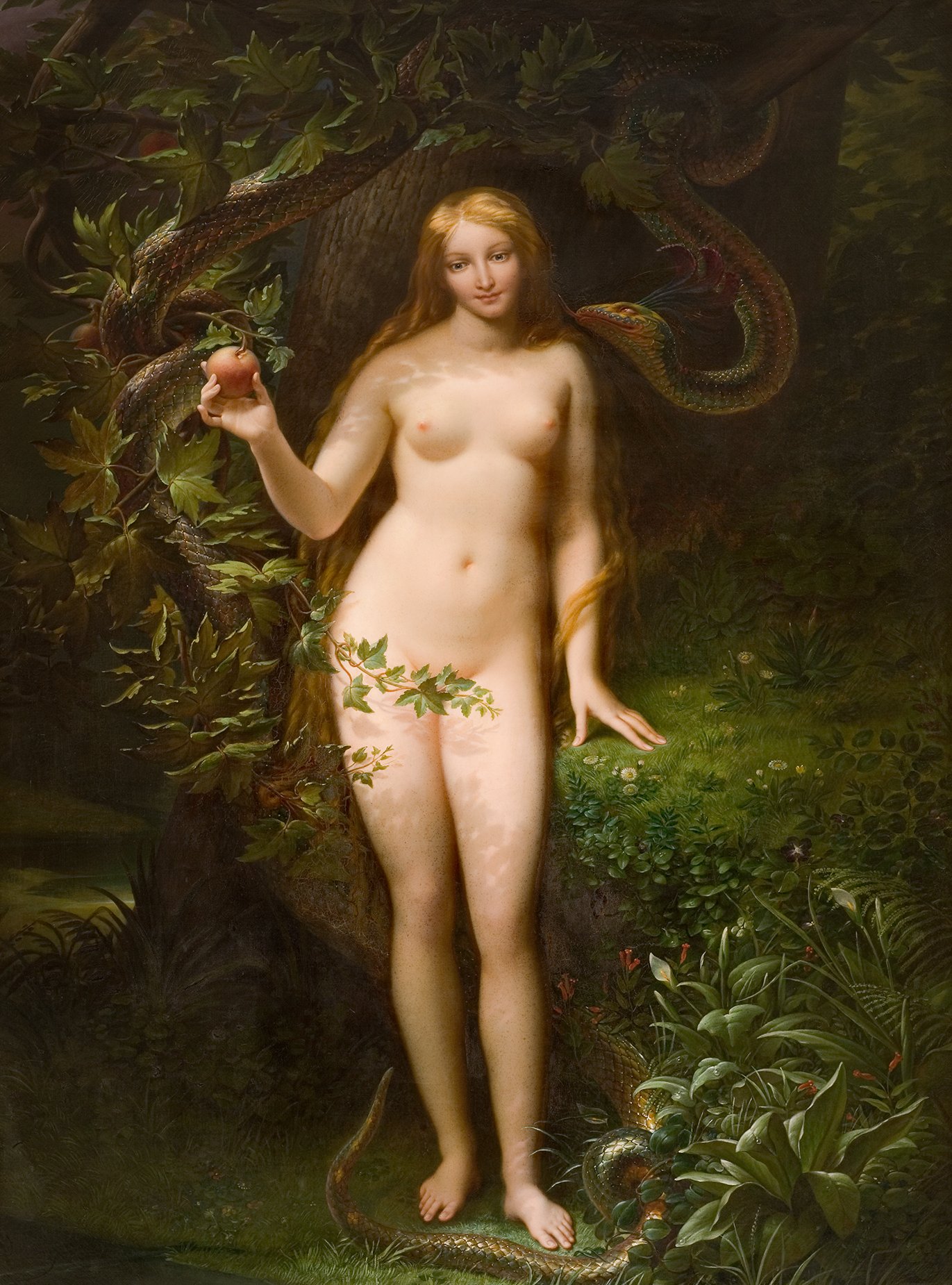 L'image représente une femme nue avec de longs cheveux dorés, tenant une pomme dans sa main. Elle se tient debout près d'un arbre, entourée de verdure. Des serpents se faufilent autour de l'arbre et des plantes luxuriantes l'entourent, créant une ambiance naturelle et mystique. La lumière douce accentue les contours de sa silhouette et l'atmosphère est à la fois sereine et symbolique.