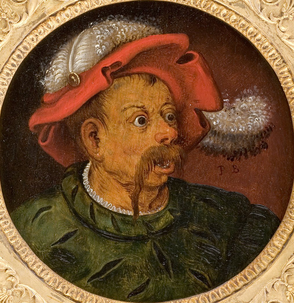 Cette image représente un homme avec un chapeau décoré d'une plume. Il a une expression surprenante ou étonnée, avec de grands yeux ronds et une moustache bien prononcée. Il porte une tunique verte et le fond semble être sombre, mettant en valeur son visage et son chapeau. L'œuvre est encadrée dans un cadre orné qui ajoute une touche de sophistication à l'image.