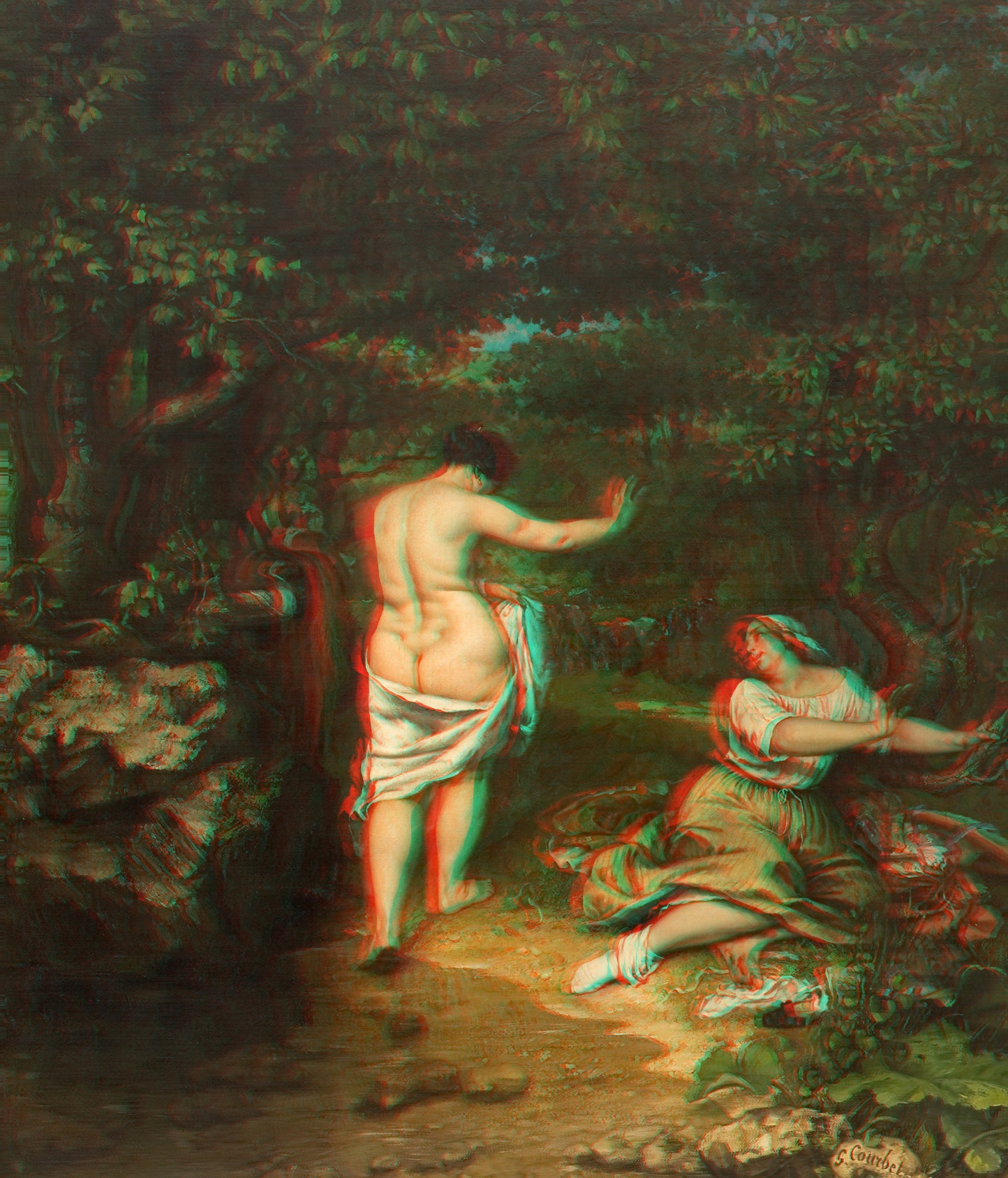 L'image représente une scène bucolique où deux femmes sont présentes dans un environnement verdoyant. L'une d'elles, tournée vers le fond, semble se déplacer avec une toile légère drapée sur elle, tandis que l'autre est accroupie près de la terre, probablement en train de travailler ou de cueillir des plantes. L'ensemble dégage une atmosphère paisible et naturelle, entourée de feuillage et de lumière douce, soulignant la beauté de la nature et des figures féminines.