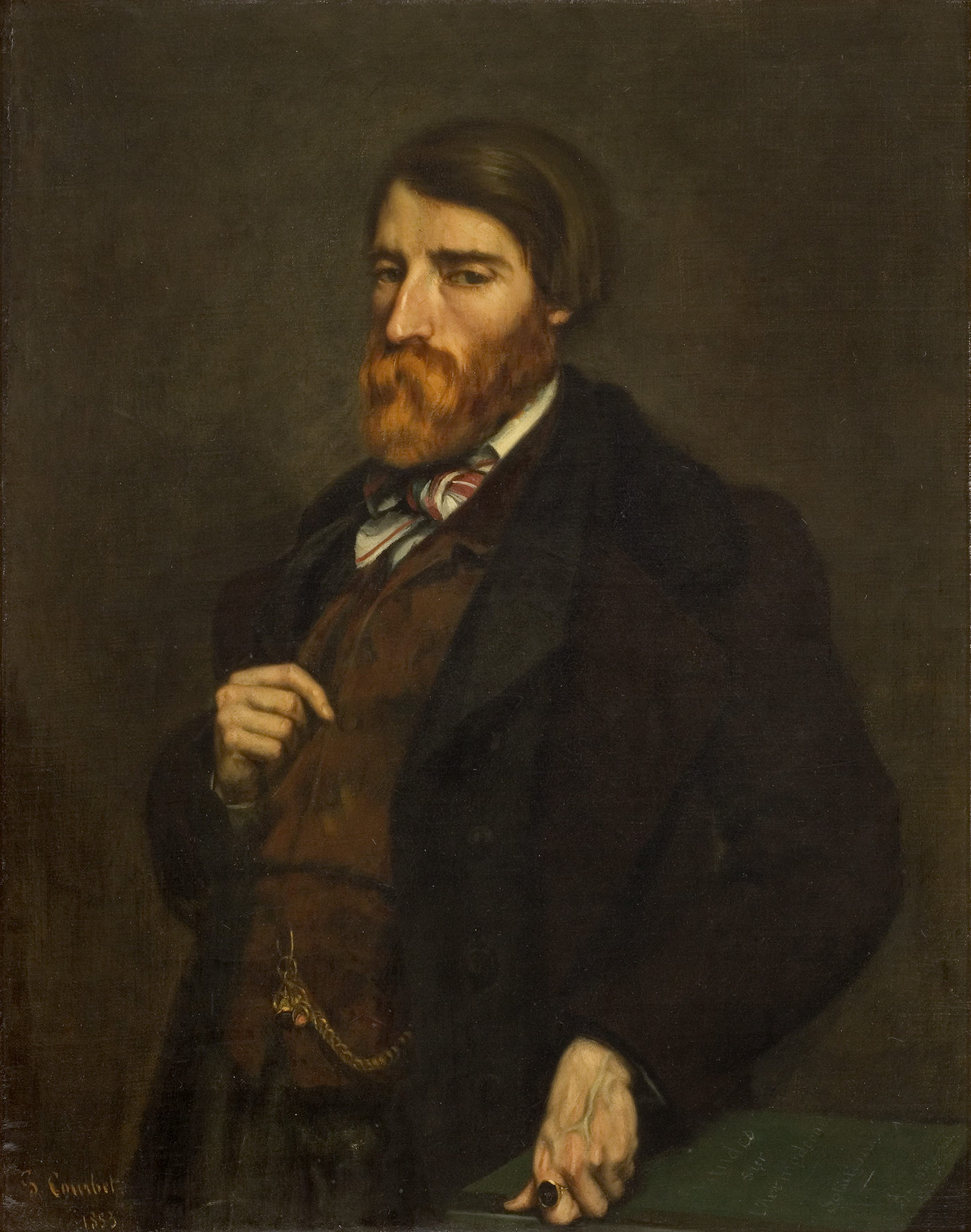 L'image présente un portrait d'un homme avec une barbe rousse et des cheveux bruns. Il porte un vêtement sombre, une cravate et un gilet, ce qui lui donne un aspect élégant et soigné. Son regard est sérieux et contemplatif, et il tient un livre ou un objet dans sa main. L'arrière-plan est sombre et met en valeur le personnage, accentuant une atmosphère de profondeur et de réflexion.