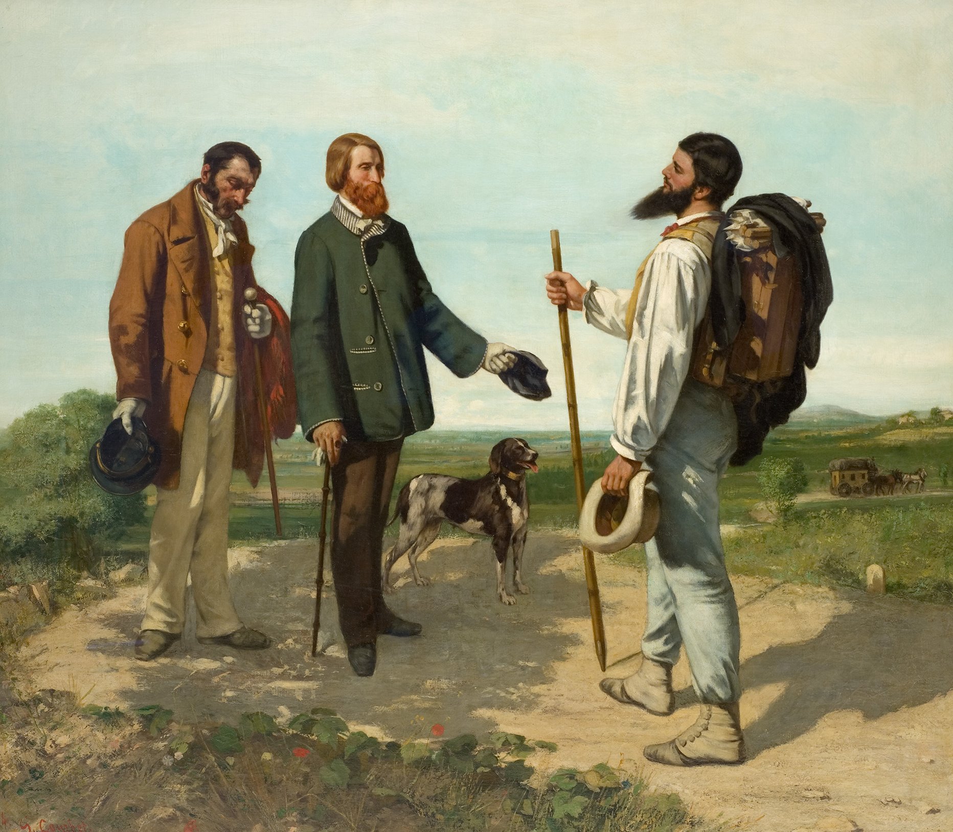 L'image représente trois hommes en pleine nature, sur un chemin. Deux d'entre eux portent des vêtements formels et semblent se saluer, tandis que le troisième, qui est en tenue plus décontractée avec un grand sac à dos, se tient à distance avec une canne. Un chien est présent à leurs côtés, ajoutant une touche de vie à la scène. Le paysage en arrière-plan est verdoyant, avec des collines douces et un ciel clair. L'atmosphère dégage une impression de convivialité et de rencontre en pleine nature.