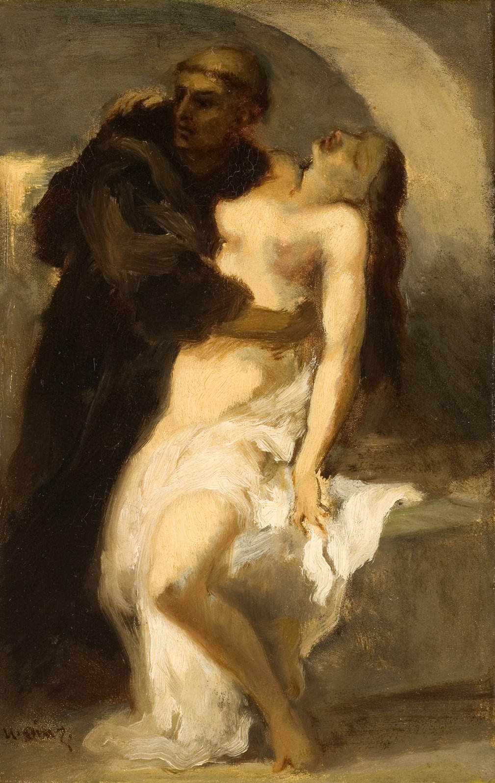 L'image représente une scène dramatique où un homme et une femme sont au centre de la composition. L'homme semble tenir la femme dans une posture protectrice, tandis qu'elle est délicatement vêtue d'un drapé léger. L'expression sur leur visage indique une intensité émotionnelle, suggérant des thèmes de passion ou de douleur. Les couleurs sont principalement des tons sombres et chauds, créant une atmosphère à la fois mystérieuse et poignante. Le style est impressionniste, caractérisé par des coups de pinceau visibles et une impression générale d'émotion.