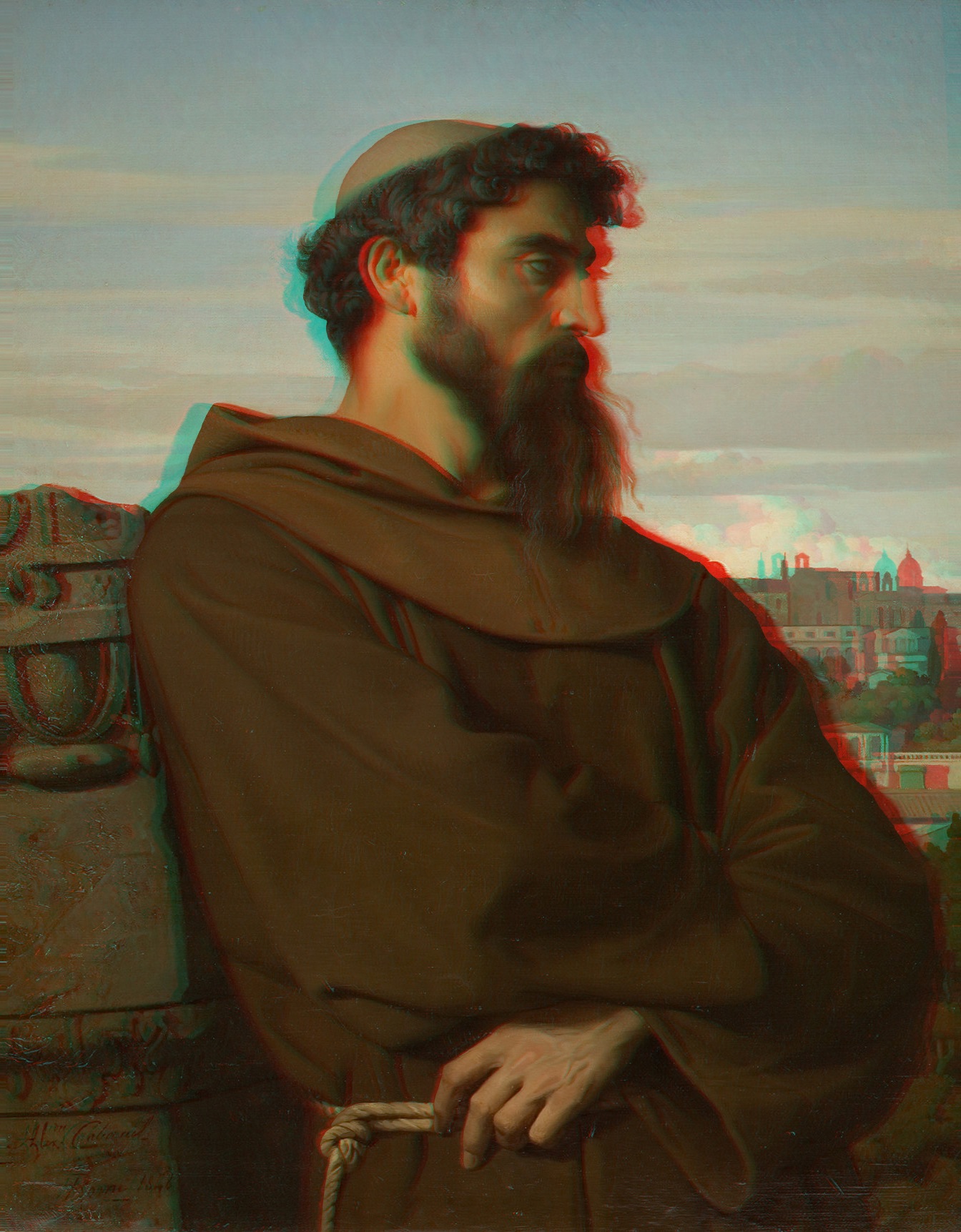 L'image représente un homme en habit de moine, avec une barbe et des cheveux bouclés, observant le paysage avec une expression contemplative. Il est vêtu d'une robe traditionnelle, et son bras est croisé, tenant une corde. En arrière-plan, on peut voir une ville avec des bâtiments historiques et un ciel en dégradé, ce qui donne une atmosphère paisible à la scène. L'effet en 3D ajoute une dimension supplémentaire à l'œuvre.