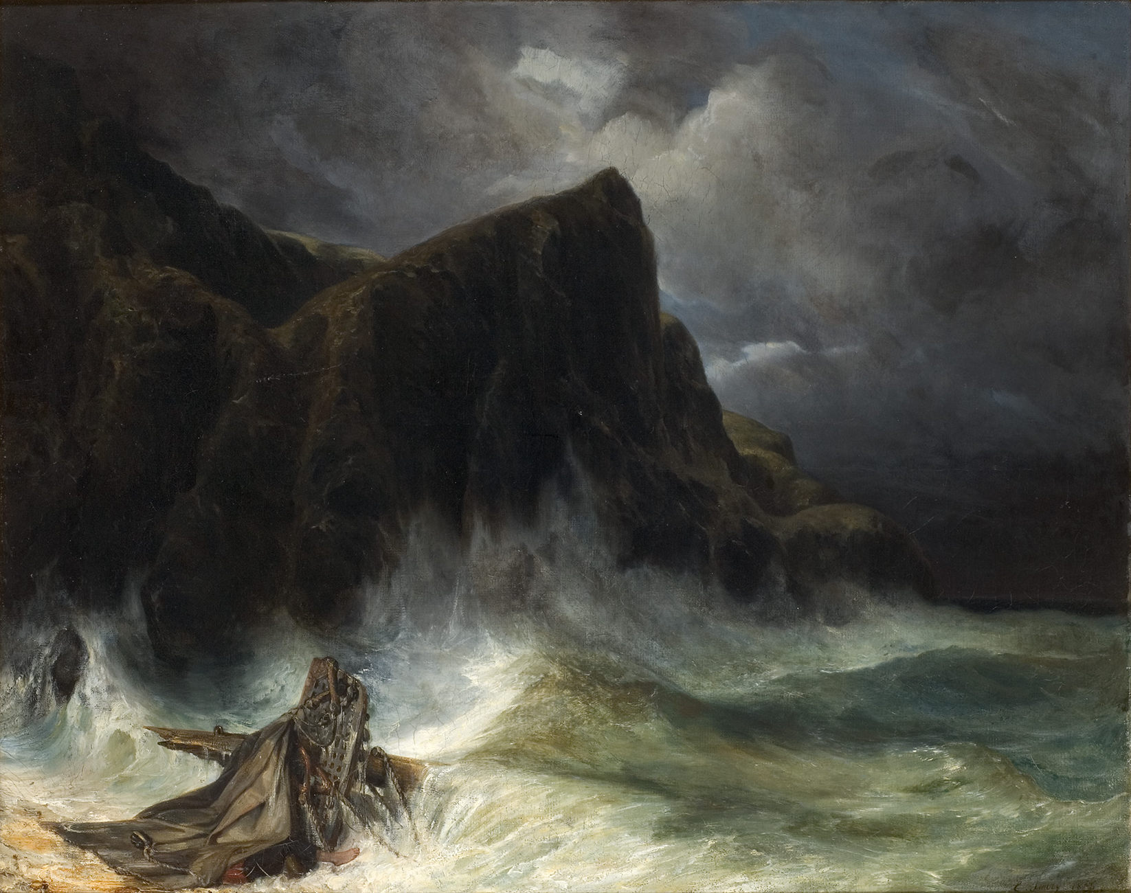 L'image représente une scène côtière dramatique avec de grandes vagues et des rochers escarpés. Le ciel est sombre et nuageux, créant une ambiance tumultueuse. Au premier plan, les vagues déferlent sur la plage, tandis qu'un personnage semble lutter contre les éléments, sur une embarcation ou des débris. L'ensemble évoque une atmosphère de lutte et de puissance de la nature.