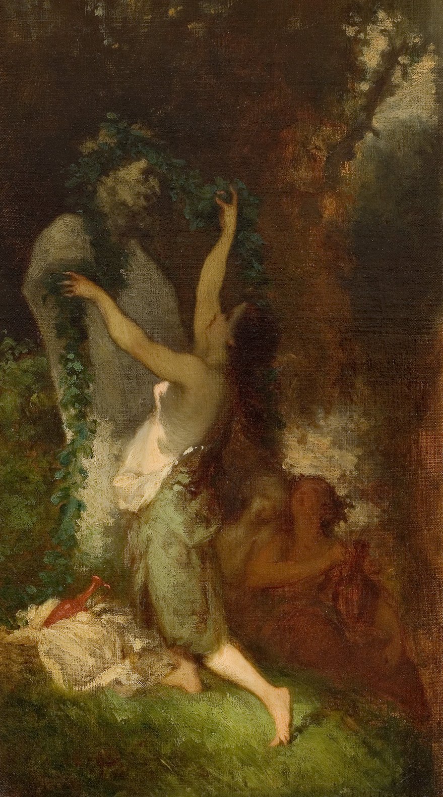 L'image montre une scène poétique et expressive, envolée de couleurs sombres et riches. Au premier plan, une femme se tient debout, les bras levés, semblant danser ou célébrer avec un guirlande de feuillage. Elle apparaît joyeuse et vibrante, habillée de vêtements simples. À l'arrière-plan, une autre figure féminine est silencieuse, se penchant en arrière, pouvant symboliser l'introspection ou la contemplation. L'environnement naturel, probablement luxuriant, contribue à l'atmosphère idyllique de la scène. L'ensemble évoque des thèmes de vitalité, de nature et de connexion spirituelle.