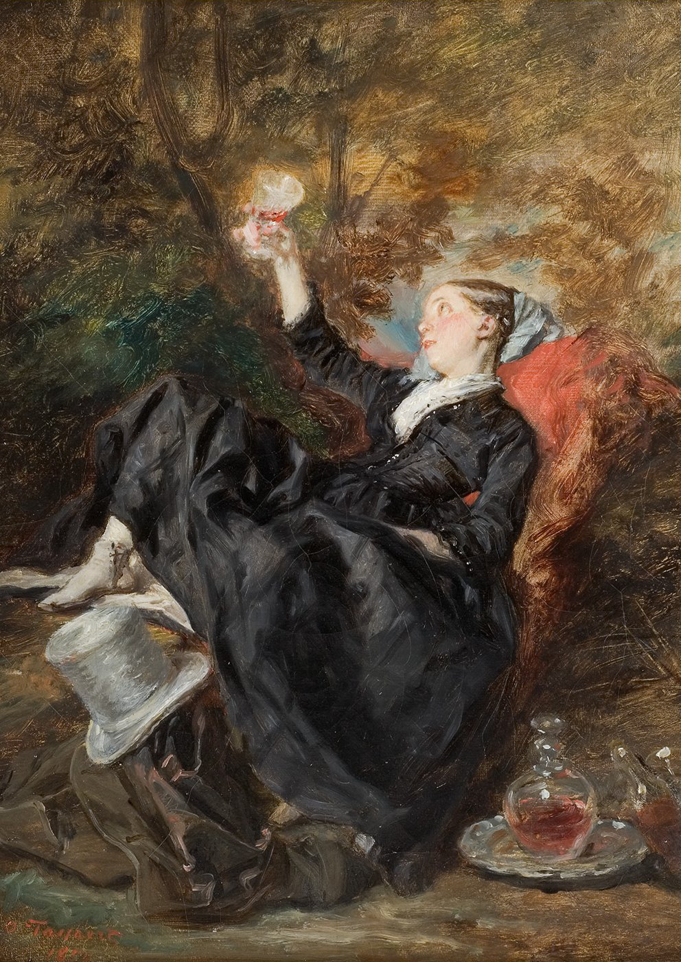 L'image représente une femme assise dans un paysage paisible, probablement un jardin. Elle porte une robe noire élégante et un bonnet. La femme se trouve dans une position détendue, appuyée sur un fauteuil. Elle lève un verre, semblant apprécier une boisson, tandis qu'un pichet et un verre sont posés sur une table à côté d'elle. L'environnement est teinté de couleurs chaudes et de touches impressionnistes, créant une atmosphère douce et contemplative.