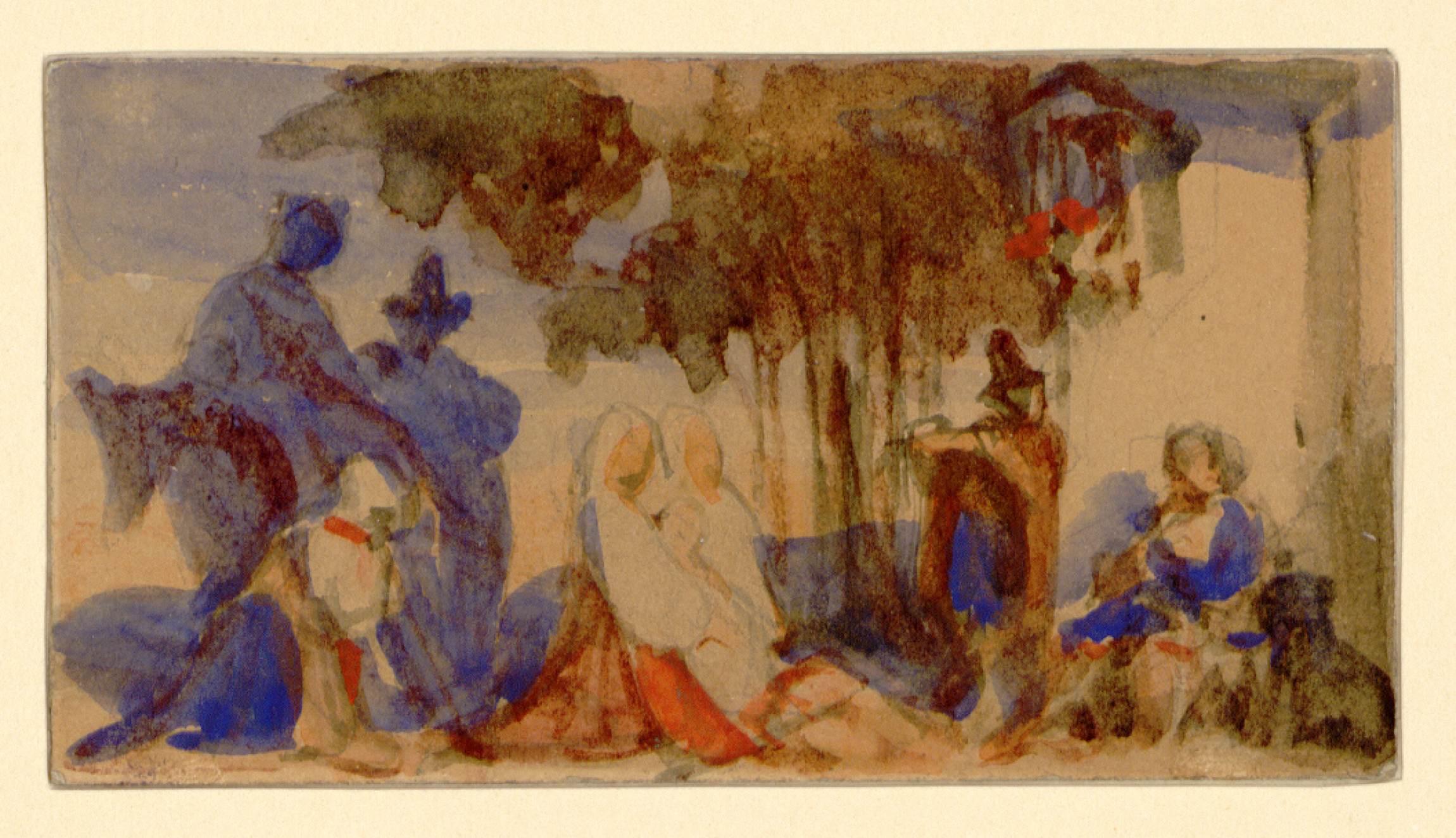 L'image présente une scène aquarelle, où l'on peut voir plusieurs figures humaines, dont certaine sont assises et d'autres debout. Les couleurs sont douces, avec des nuances de bleu et de rouge, créant une ambiance paisible. Des arbres ou des plantes se trouvent à l'arrière-plan, ajoutant une touche de nature à la composition. L'atmosphère semble contemplative, évoquant un moment de rencontre ou de dialogue.