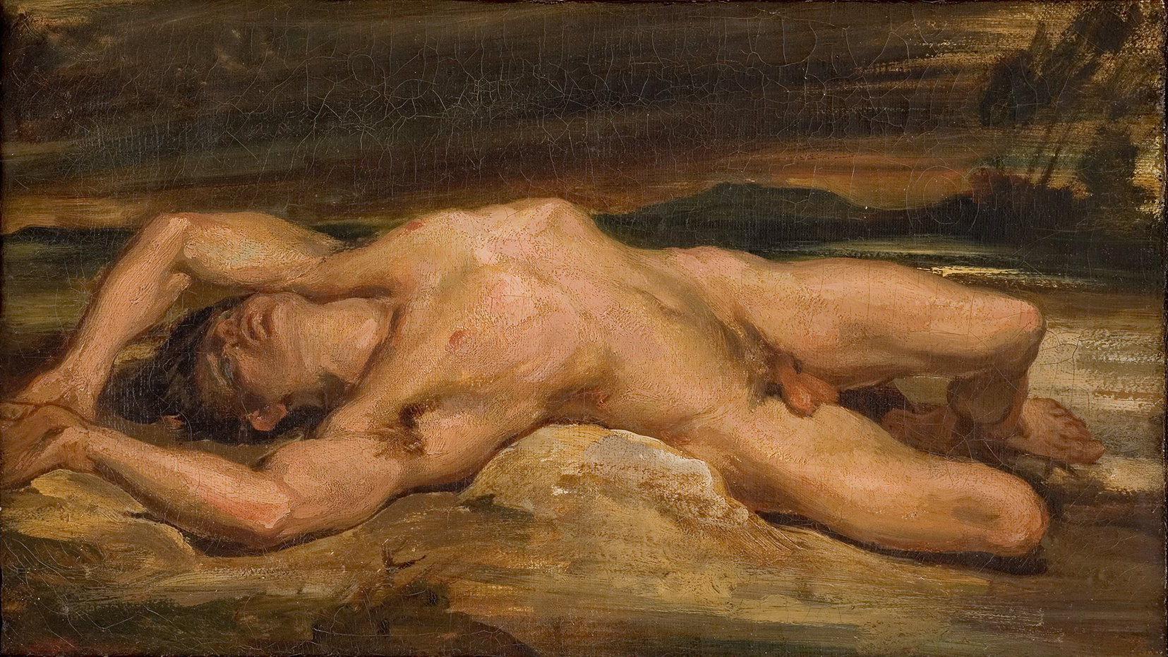 L'image montre un nu masculin allongé sur un rocher. Le corps est dans une position de repos, avec les bras repliés et la tête tournée sur le côté. La peau est représentée avec des couleurs chaudes et des coups de pinceau visibles, ce qui donne une texture à la peinture. Le fond est sombre, probablement un paysage stylisé, avec des teintes de brun et de vert qui contrastent avec la peau du personnage. L'œuvre évoque un sentiment de vulnérabilité et de sérénité.