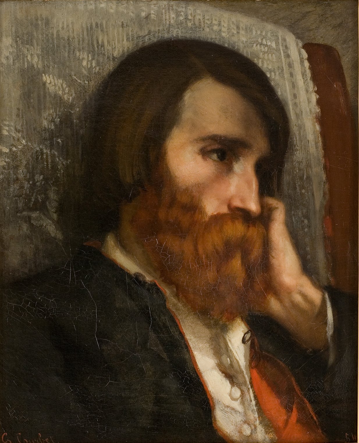 L'image représente un portrait d'un homme avec une barbe fournie et des cheveux longs. Il semble pensif, avec une expression introspective. Ses vêtements sont sombres, et il est assis avec une main en touchant son visage. Le fond est texturé, ajoutant une profondeur à l'œuvre. Les couleurs sont principalement des tons chauds, contribuant à l'atmosphère contemplative de l'ensemble.