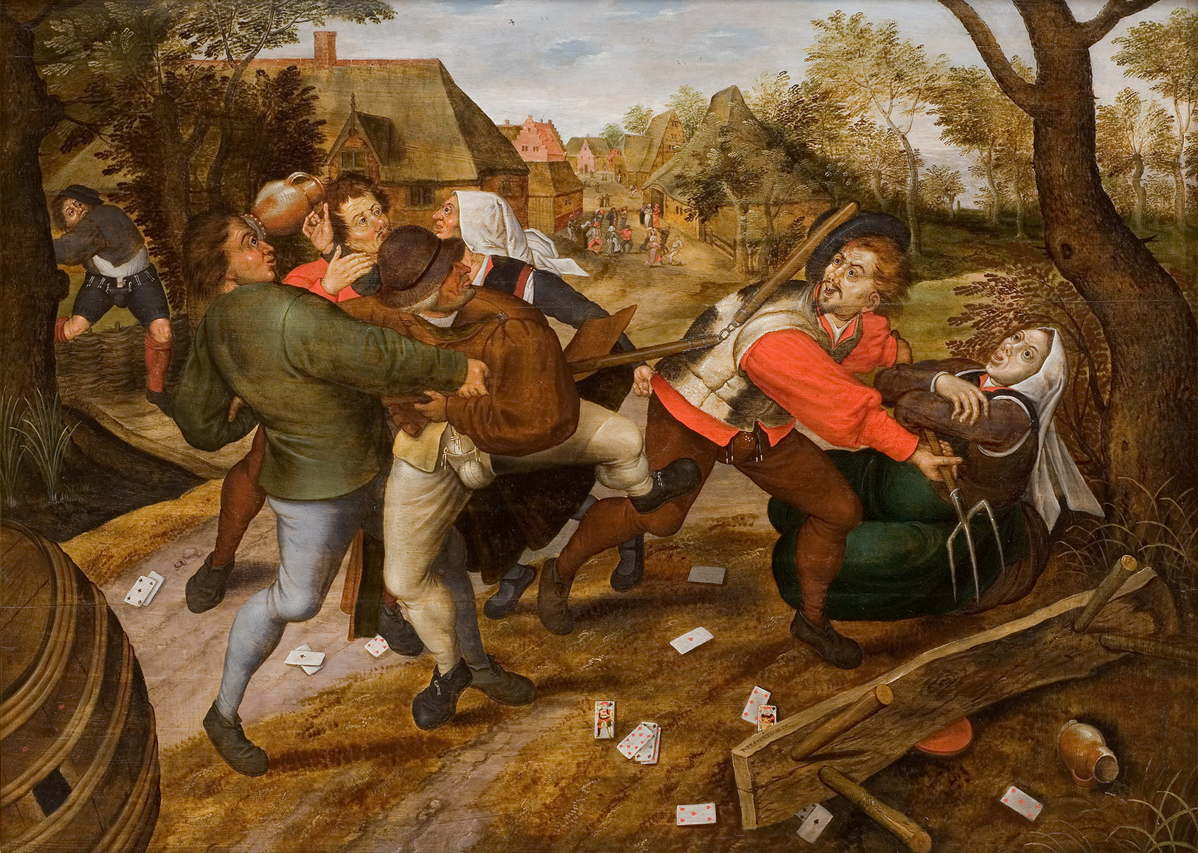L'image représente une scène de conflit ou de lutte entre un groupe de personnes dans un cadre rural. Au premier plan, plusieurs hommes semblent se battre ou se disputer, tandis qu'une femme est également impliquée dans la scène. En arrière-plan, on peut apercevoir des maisons et un environnement bucolique, avec des arbres et des détails de la vie quotidienne. Des cartes à jouer peuvent être visibles au sol, suggérant un lien avec des jeux ou des paris, ce qui pourrait expliquer la tension de la scène. L'atmosphère générale évoque à la fois le mouvement et l'émotion intense de cette confrontation.