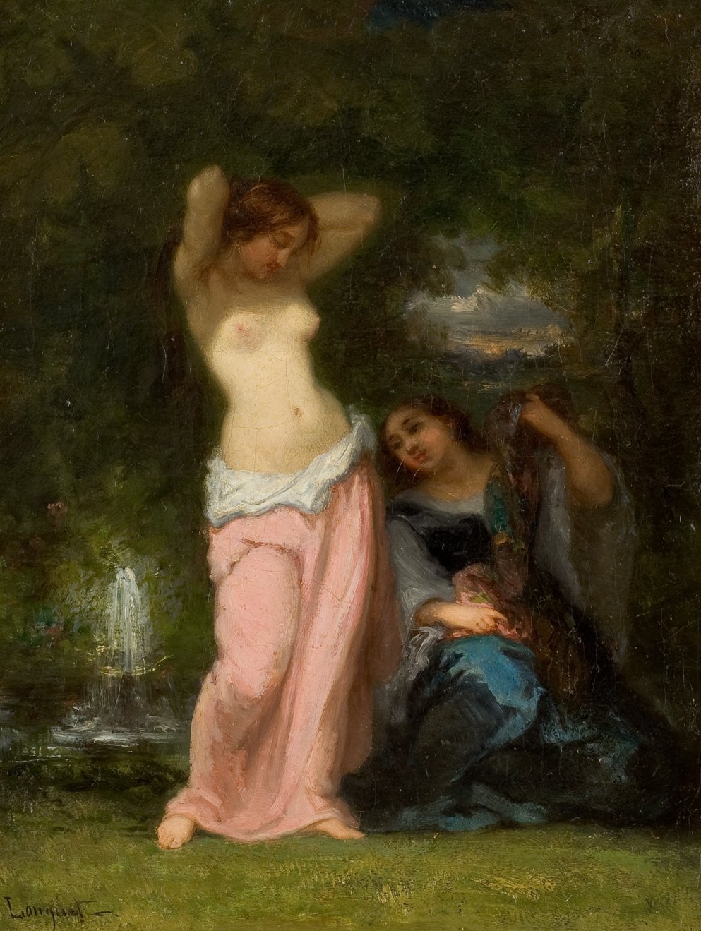 L'image représente une scène romantique et intimiste avec deux femmes. L'une d'elles, debout, a un drapé léger sur le bas du corps et semble se reposer tout en levant les bras. L'autre femme, assise, regarde la première avec une expression contemplative. En arrière-plan, il y a une végétation dense et une petite fontaine, ajoutant à l'ambiance bucolique de la scène. Les couleurs sont douces et chaudes, créant une atmosphère sereine et poétique.