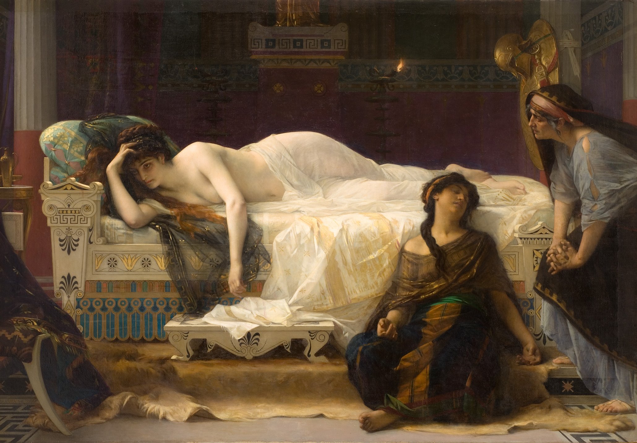 L'image représente une scène dramatique et émotive dans un intérieur richement décoré. Au centre, une femme nue est allongée sur un lit, affichant une posture mélancolique et désespérée. Elle semble perdue dans ses pensées, les bras tombant de chaque côté. À ses pieds, deux autres femmes sont présentées : l'une semble intrigante, tandis que l'autre exprime une forme de tristesse ou de soumission. Les détails architecturaux et les éléments décoratifs, tels que les motifs géométriques et les textiles colorés, ajoutent une touche d'opulence et de mystère à la scène. L'éclairage contribue à l'ambiance, renforçant le drame émotionnel qui se dégage de cette composition.