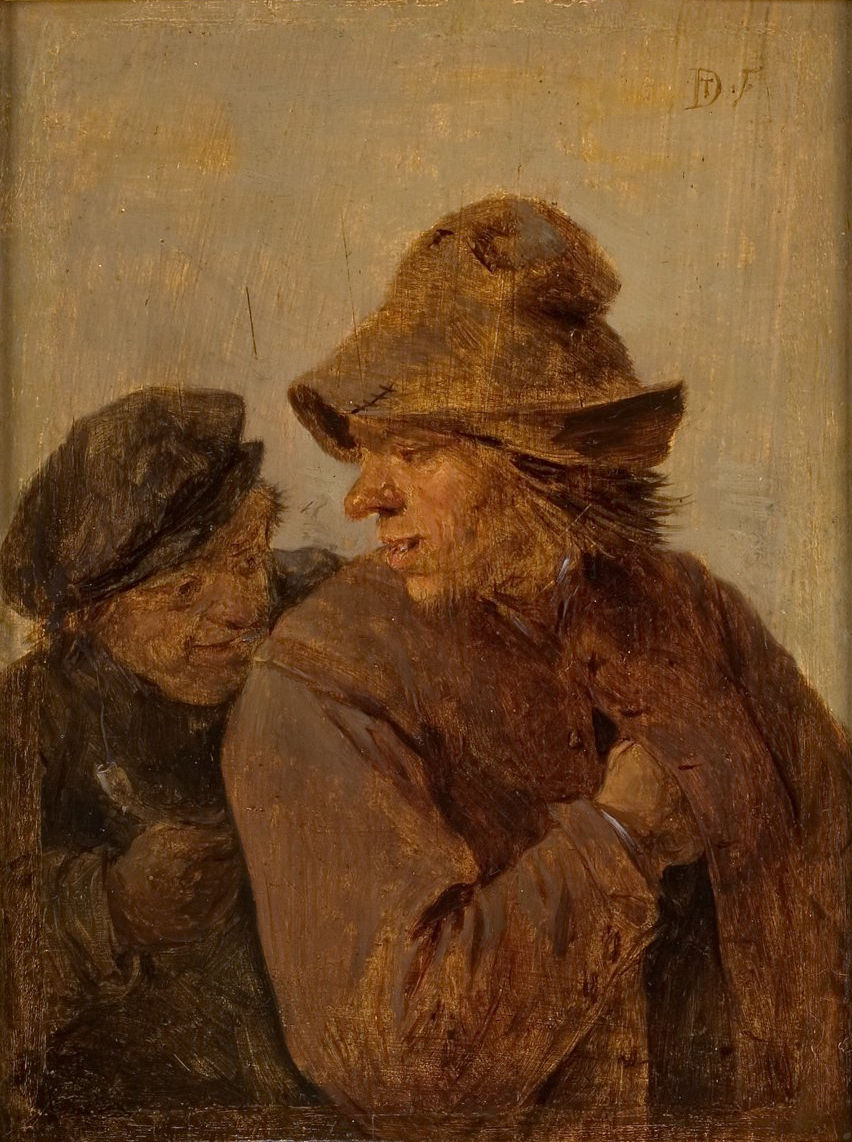 L'image représente deux figures humaines, probablement des personnages d'un milieu rural. Le premier homme, à gauche, a un visage souriant et des traits plus âgés, tandis que le second, à droite, a une expression plus sérieuse. Ils sont tous deux vêtus de chapeaux et de vêtements simples, reflétant une ambiance de vie modeste. La lumière semble douce, créant une atmosphère chaleureuse, avec des tons terreux dominants. Les expressions des visages et la proximité entre les deux personnages suggèrent une interaction intrigante.