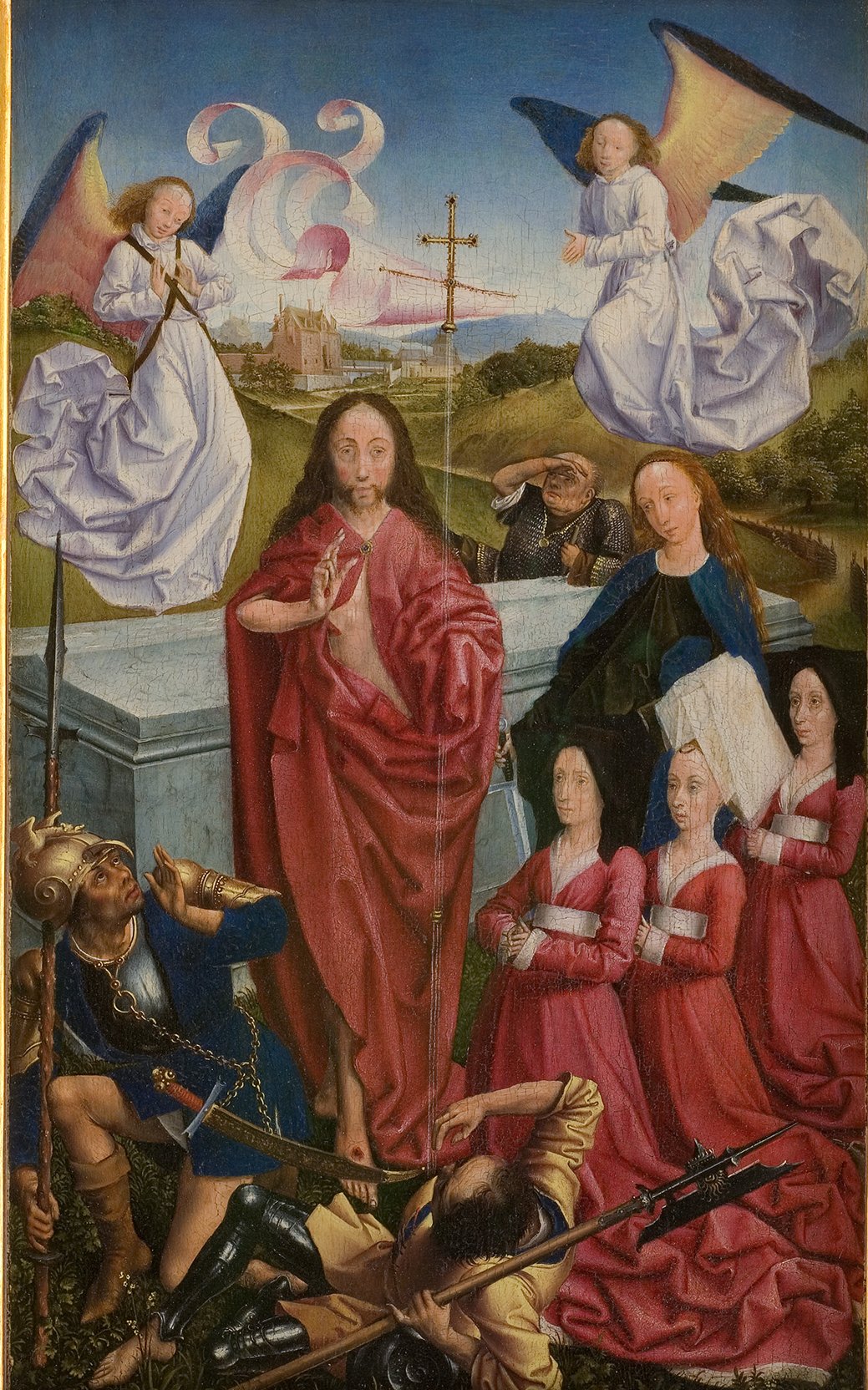 L'image représente une scène religieuse vibrante et riche en détails. Au centre, Christ ressuscité, vêtu d'une tunique rouge, attire l'attention avec un geste de bénédiction. Autour de lui, des anges en robes blanches volent dans le ciel, exprimant une ambiance céleste. À l'arrière-plan, on aperçoit des paysages verdoyants et une croix, symbolisant la résurrection. Enfin, des personnages en costumes historiques, dont certains sont agenouillés, semblent témoigner de cette apparition divine, exprimant des émotions variées. L'ensemble de l'œuvre évoque le thème de la résurrection et de la spiritualité.