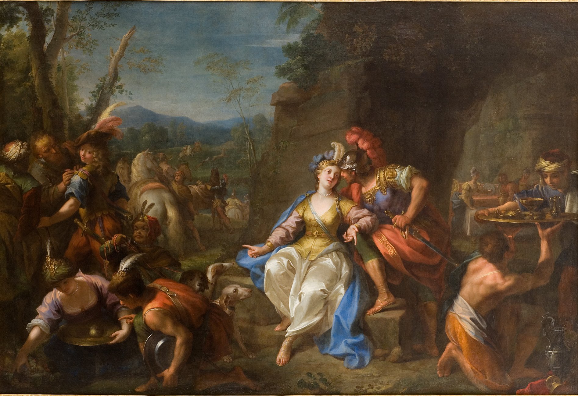 L'image représente une scène richement colorée et historique. On y voit une figure féminine au centre, vêtue d'une robe élégante et ornée, entourée d'hommes en armure et d'autres personnages. Elle semble être une figure importante, peut-être une déesse ou une reine, captivant l'attention des hommes qui l'entourent. L'arrière-plan montre un paysage naturel, avec des montagnes et des arbres, créant une atmosphère paisible. Les personnages expriment différentes émotions, allant de l'admiration à l'obéissance, et l'ensemble de la composition suggère un moment de célébration ou d'hommage.