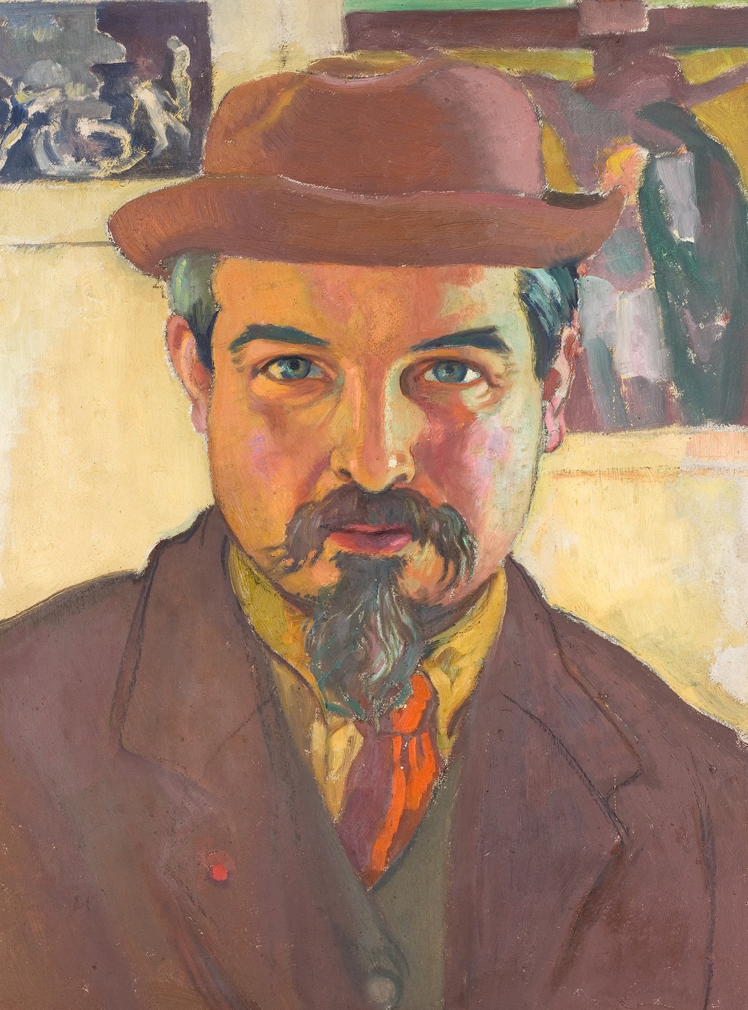 L'image représente un portrait d'un homme au visage expressif, portant un chapeau marron. Ses yeux sont d'un bleu intense et il arbore une barbe soigneusement taillée. Vêtu d'un costume en couleur sombre avec une cravate orangée, il semble pensif et sérieux. L'arrière-plan présente des formes abstraites, suggérant un environnement artistique. L'ensemble dégage une atmosphère à la fois vintage et captivante.