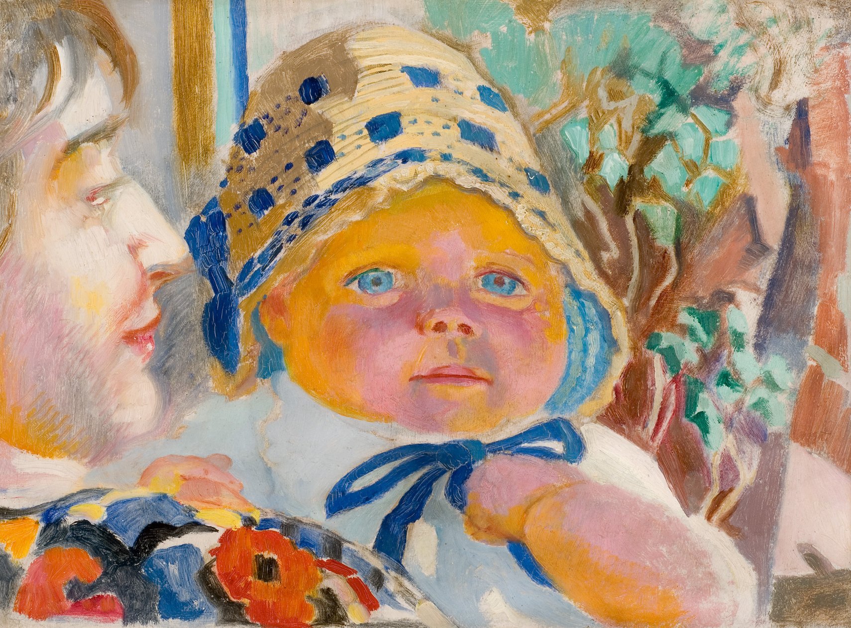 Cette image représente un enfant avec un visage rond et des yeux clairs, portant un chapeau en paille orné de motifs. À côté de l'enfant, on peut voir une personne adulte, dont le portrait est partiel. L'ensemble de la scène est coloré, avec des touches vives et des formes douces. Le style est typique de l'art moderne, mettant en avant les émotions et la lumière. L'arrière-plan évoque une ambiance naturelle, avec des éléments végétaux visibles.