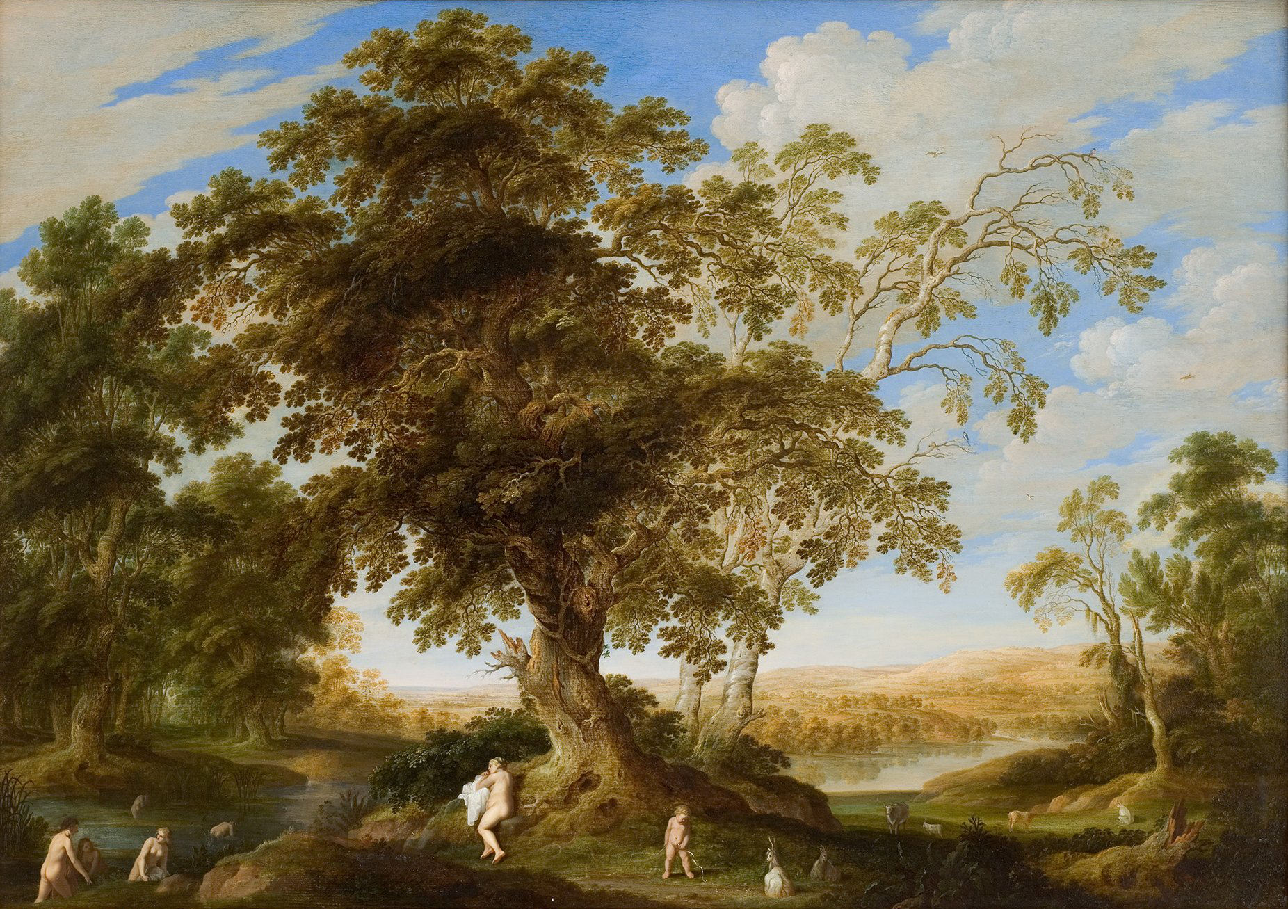 L'image représente un paysage bucolique avec de grands arbres majestueux, des collines en arrière-plan et une lumière douce. Au premier plan, deux figures humaines semblent interagir, ajoutant une touche de vie à la scène. On peut également apercevoir quelques animaux dans le décor, notamment près de l'eau, ce qui souligne l'harmonie entre la nature et les personnages. Le ciel est clair avec quelques nuages, ajoutant une atmosphère paisible et sereine à l'ensemble du tableau.