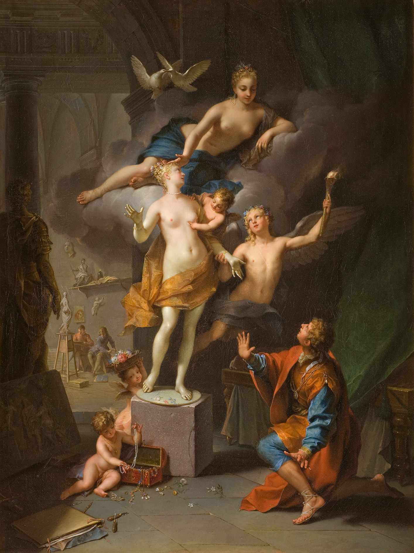 L'image représente une scène mythologique ou allégorique. Au centre, une statue de Vénus, déesse de l'amour, se dresse sur un socle. Autour d'elle, des figures féminines et des anges semblent être en interaction, ajoutant un aspect dynamique à la composition. On peut voir un homme, qui pourrait être un artiste ou un admirateur, se tenant devant la statue, avec des expressions d'admiration. L'arrière-plan suggère un atelier ou un espace artistique, avec des outils et des sculptures en cours de réalisation. Les couleurs sont riches et les éclairages créent une atmosphère presque mystique, accentuant la beauté des personnages.