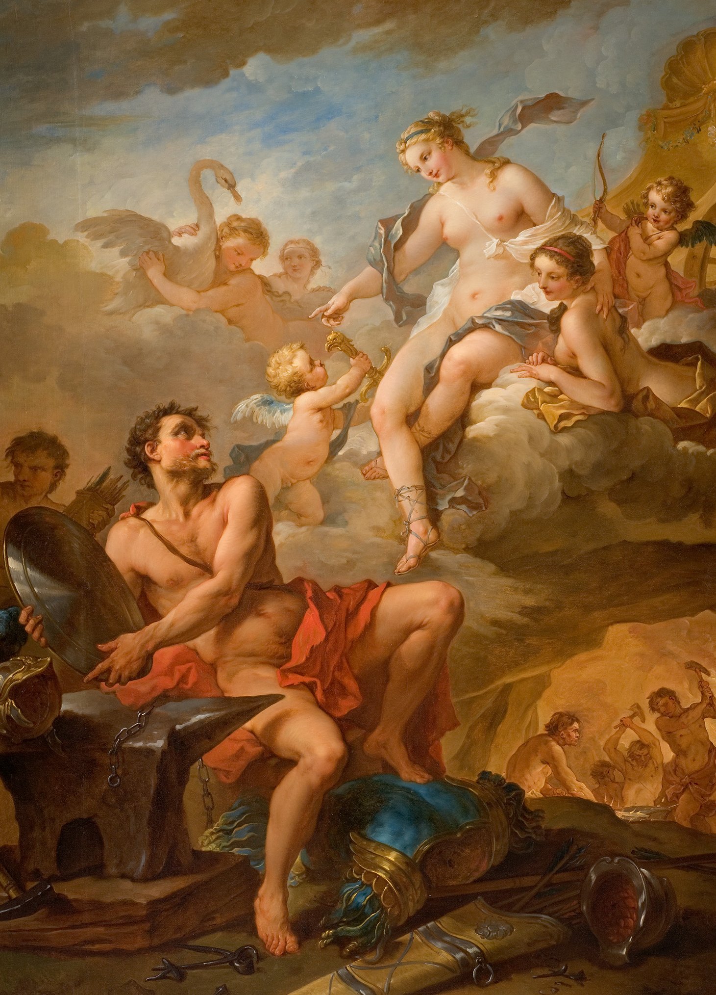 L'image représente une scène mythologique richement colorée, où des figures divines interagissent dans un ciel nuageux. Au premier plan, un homme musclé, probablement un dieu forgeron, est assis avec un air pensif, tenant des outils de la forge. Il est entouré d'armures et d'objets de métal, évoquant son métier. Dans les nuages, des chérubins et des personnages féminins, symbolisant la beauté et l'amour, semblent accomplir un acte divin. L'ensemble dégage une atmosphère de puissance et de création, typique de l'art baroque.