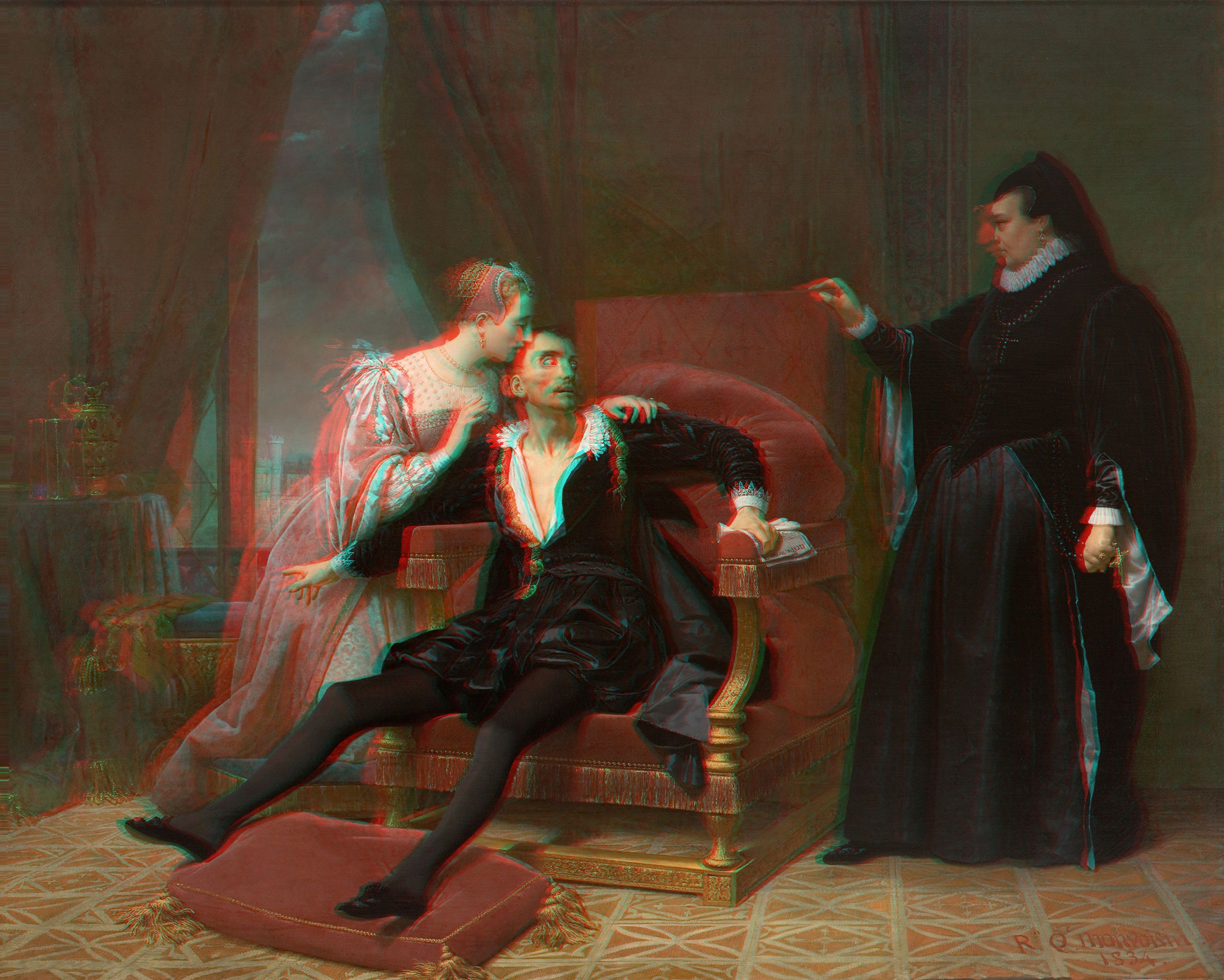 L'image représente une scène dramatique avec trois personnages dans un intérieur somptueux. Un homme, assis sur un fauteuil, semble en détresse ou un peu fiévreux, tandis qu'une femme, qui se tient près de lui, lui montre probablement de l'affection ou de l'inquiétude. Une religieuse, portant une tenue sombre, les observe, interagissant avec un geste de la main. L'atmosphère semble tendue ou émotive, avec des détails raffinés qui soulignent le contexte historique ou théâtral de la scène.