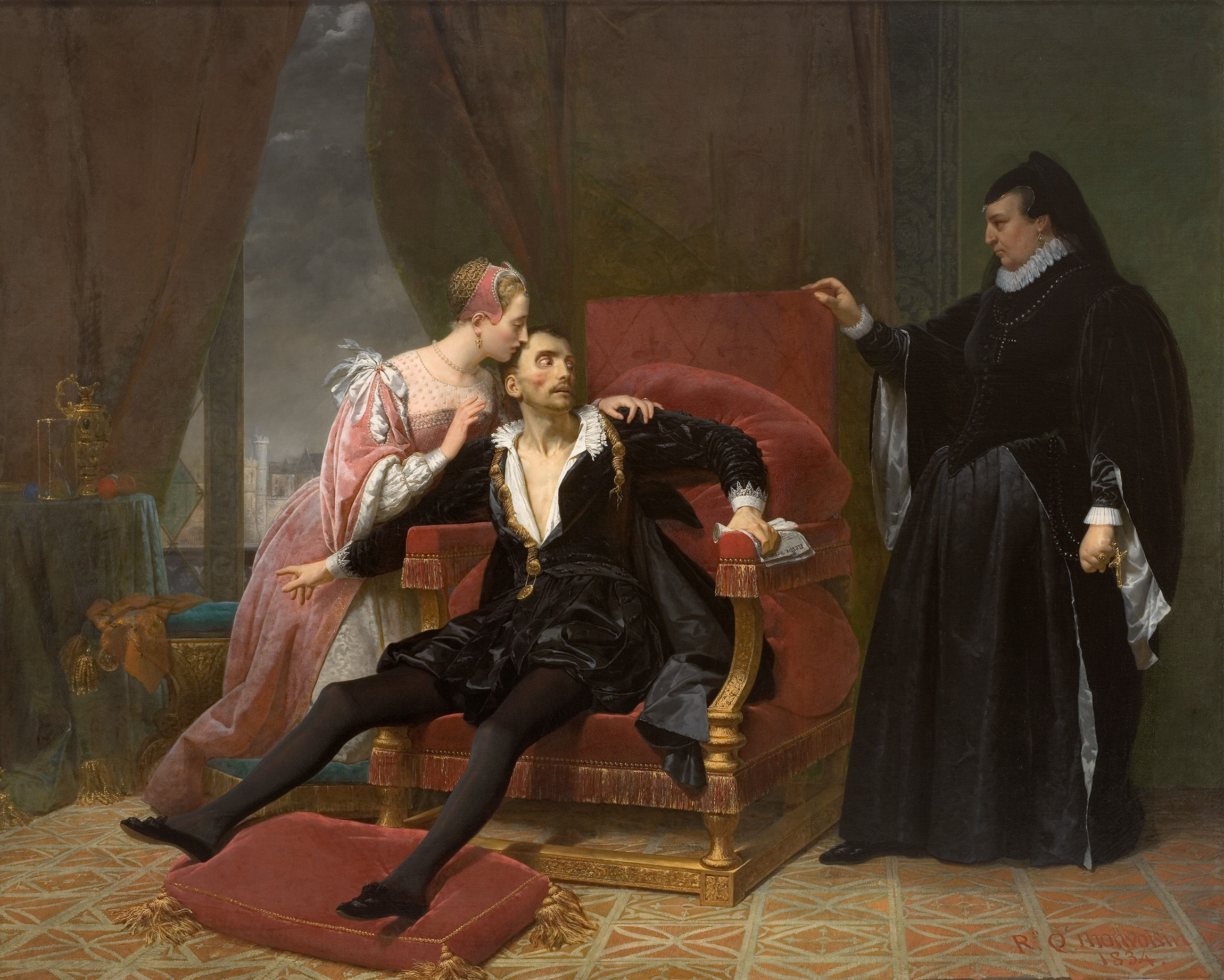 L'image représente une scène dramatique avec trois personnages. Un homme, vraisemblablement en état de détresse ou d'agonie, est assis sur un fauteuil luxueux. Il porte un costume noir élégant. À sa gauche, une femme en robe rose se penche vers lui, affichant une expression d'inquiétude ou de compassion. À droite, une autre femme, habillée en noir et portant un chapeau, semble observer la scène avec une certaine autorité. L'arrière-plan est richement décoré, avec des draperies et des éléments qui évoquent un environnement opulent. L'atmosphère est intense et chargée d'émotion.