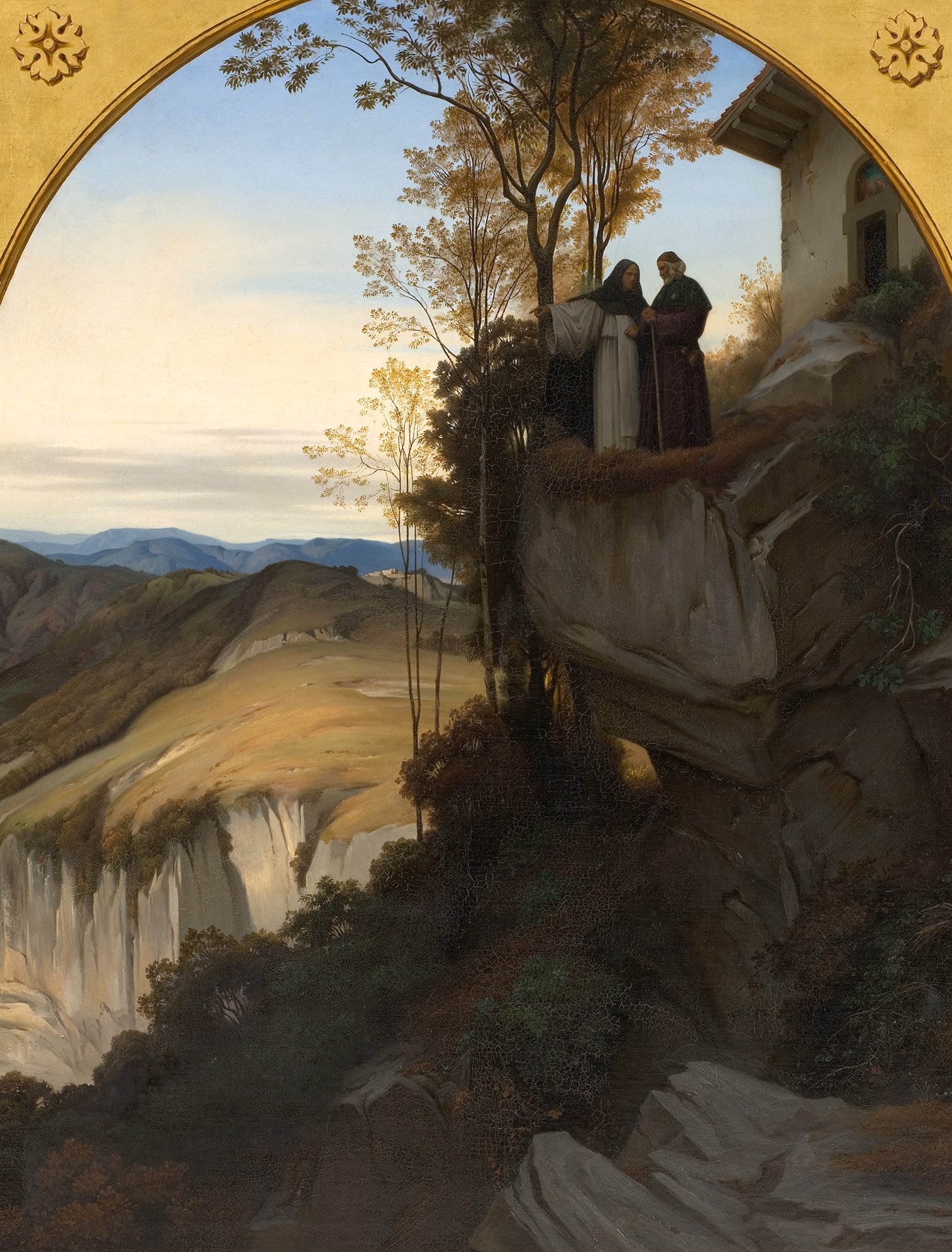 L'image semble représenter un paysage romantique avec deux figures féminines se tenant sur une falaise. Elles sont entourées d'une nature riche, avec des arbres aux feuillages dorés. À l'arrière-plan, on peut apercevoir des montagnes et un ciel clair, créant une atmosphère paisible et contemplative. Les personnages semblent engagés dans une discussion ou un échange, ajoutant à l'intensité de la scène. L'ensemble de la composition évoque une harmonie entre l'homme et la nature.