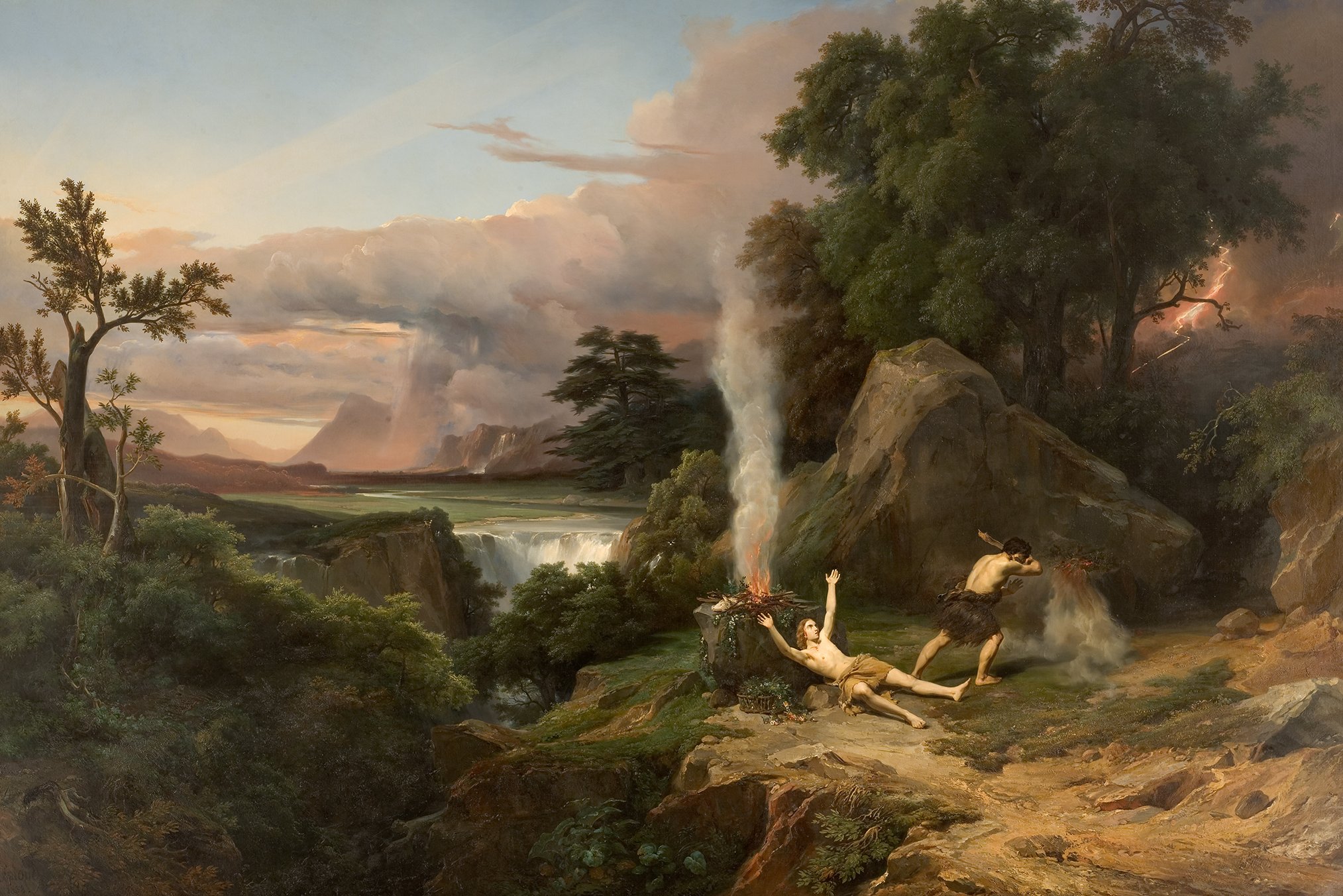 L'image présente un paysage romantique et dramatique, où l'on aperçoit des montagnes majestueuses en arrière-plan, entourées d'une atmosphère nuageuse. Au premier plan, deux figures humaines sont engagées dans une scène intense. L'un des personnages semble se diriger vers une source de feu, tandis que l'autre est en position d'alerte. La nature environnante est luxuriante, avec des arbres et des rochers, ajoutant à la richesse visuelle de la composition. Les couleurs sont chaudes et vibrantes, créant un contraste saisissant avec le ciel nuageux. L'ensemble évoque une sensation d'émotion et de mouvement, typique des œuvres de l'époque romantique.