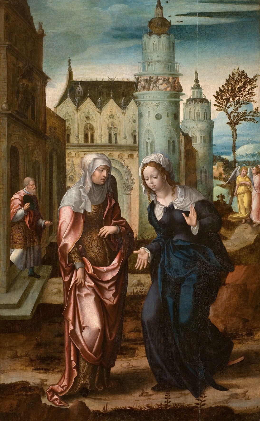 Cette image représente une scène historique ou religieuse, probablement inspirée de la Renaissance. On peut y voir deux femmes vêtues de robes élégantes, l'une en costume clair et l'autre en profondeur de couleurs sombres. Elles semblent en conversation, peut-être en train d'échanger des informations ou de partager un moment significatif. À l'arrière-plan, des bâtiments architecturaux imposants, dont une tour et une église, ajoutent un cadre urbain à l'œuvre. La lumière et les ombres sont soigneusement disposées, ce qui révèle un souci du détail dans la représentation des textures et des plis des vêtements. On peut également apercevoir des personnages supplémentaires au loin, ajoutant à la complexité de la scène. L'ensemble dégage une atmosphère solennelle et contemplative.