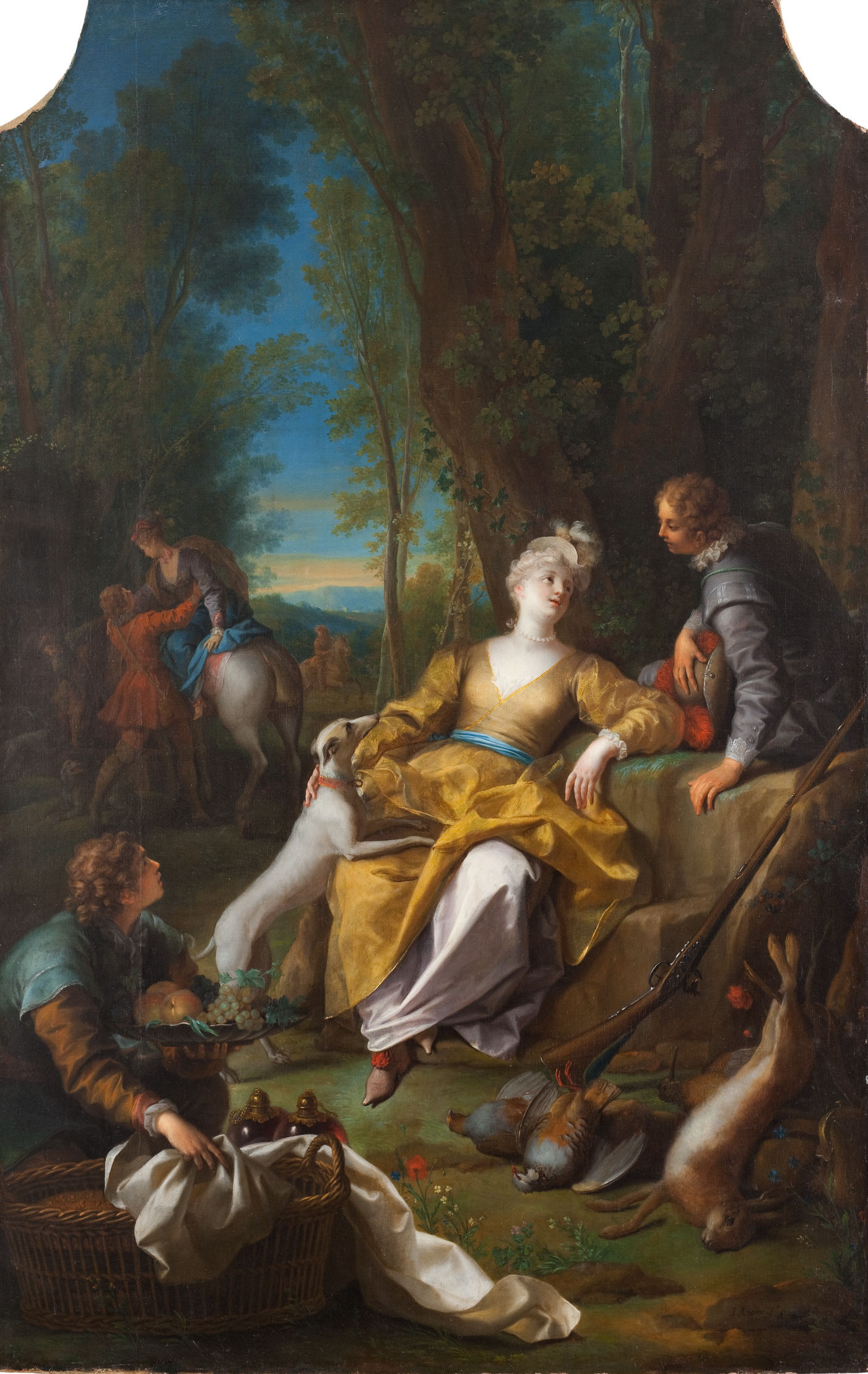 L'image représente une scène pastorale, typique de la peinture baroque, où des figures se retrouvent dans un paysage verdoyant. Au centre, une femme vêtue d'une robe jaune est assise sur une pierre, entourée de plusieurs éléments animaliers, comme des lapins. À ses côtés, un homme en armure l'observe, tandis qu'un jeune homme, accroupi, tient un panier rempli de fruits ou de fleurs. En arrière-plan, d'autres personnages à cheval ajoutent de la profondeur à la scène. Le ciel est lumineux, suggérant un moment paisible et charmant en pleine nature.