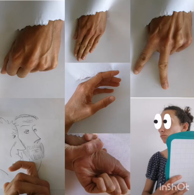 L'image présente une série de photographies mettant en avant des mains qui semblent interagir avec du papier. On voit des mains qui sortent d'un papier déchiré, adoptant différentes positions : une main hésitante, une autre faisant un geste de pointage, et quelques mains dans des poses variées, comme celle d'une main qui tient un crayon ou qui semble dessiner. À la fin, une personne tient également un tableau tout en affichant une expression amusée grâce à des yeux caricaturaux ajoutés au-dessus de sa tête. L'ensemble crée un effet ludique et créatif.