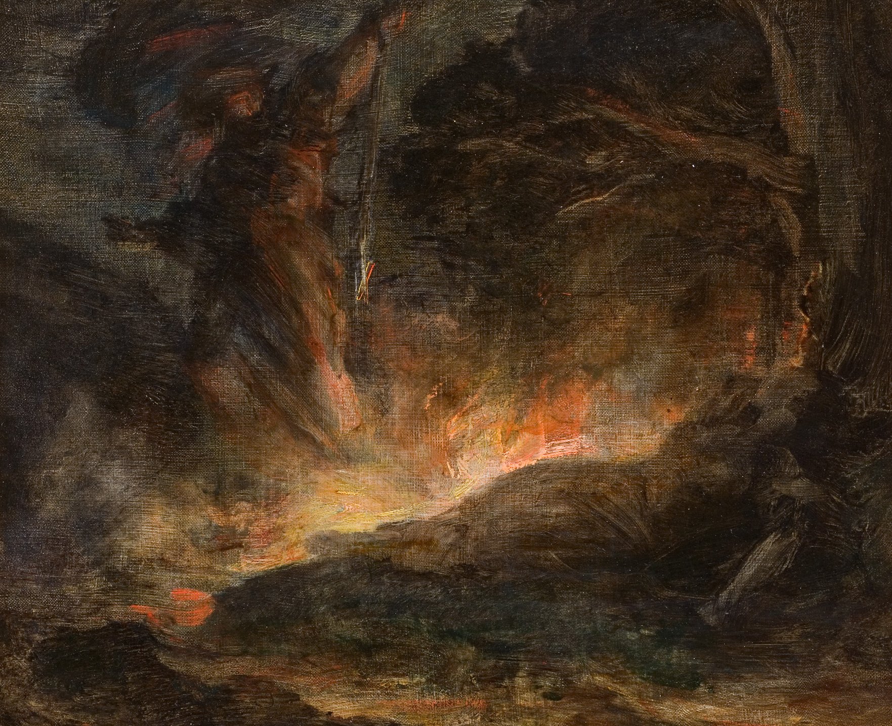 L'image représente une scène sombre et dramatique, où des teintes sombres dominent la composition. Au centre, une lumière vive et orangée semble émaner d'un feu, créant un contraste saisissant avec l'obscurité environnante. Les formes floues et les coups de pinceau expressifs suggèrent une atmosphère mystique ou troublante, avec des silhouettes qui pourraient représenter des figures humaines ou des arbres dans la pénombre. L'ensemble évoque un sentiment d'intimité, teinté de mystère.