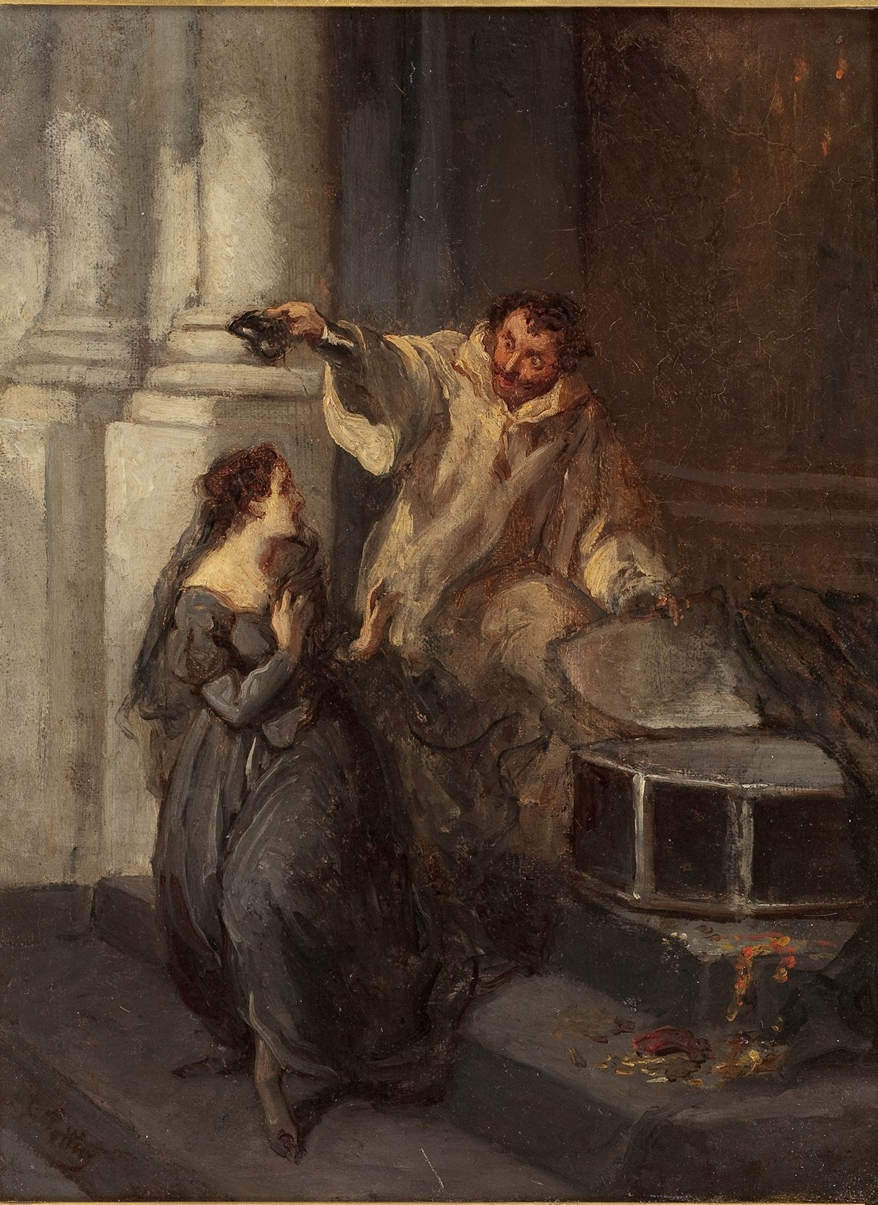 L'image représente une scène dramatique et émotive. On y voit un homme et une femme. L'homme, au centre de l'œuvre, semble exprimer une forte émotion, peut-être une colère ou une frustration, tandis que la femme, vêtue de noir, paraît effrayée ou surprise, se tenant près de lui. L'arrière-plan est sombre et peu détaillé, ce qui met en avant l'intensité de l'interaction entre les deux personnages. Certains objets, comme un coffre, sont visibles dans la scène, ajoutant une dimension de mystère et d'intrigue. L'ensemble de la composition crée une atmosphère chargée d'émotion.